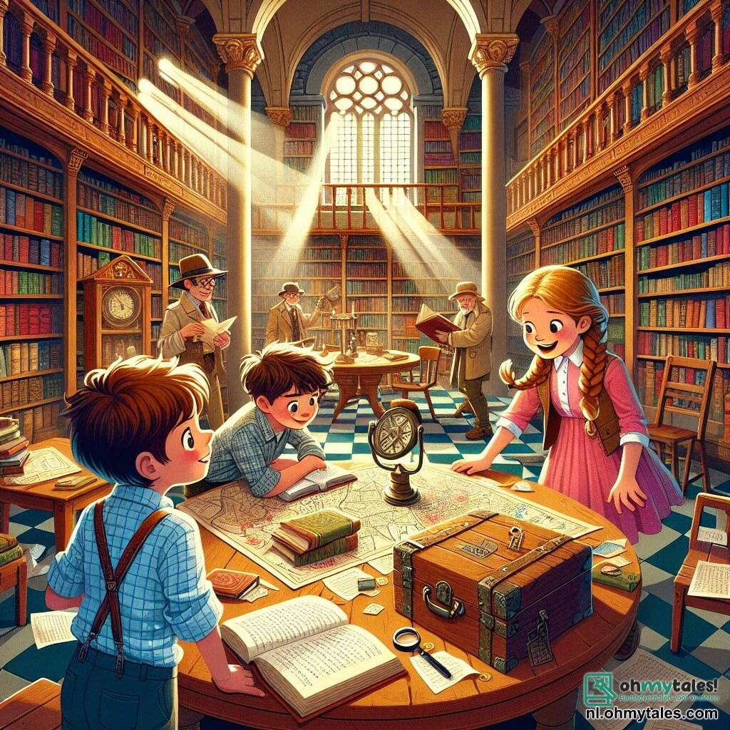 Illustratie van een scène in een oude bibliotheek. De muren zijn bedekt met boeken met kleurrijke omslagen, en houten boekenkasten reiken tot aan het plafond. In het midden staat een grote ronde tafel omringd door stoelen, met open boeken en verspreide bladeren. Drie jonge onderzoekers zijn aanwezig: een tienjarig jongetje met rommelig bruin haar, in een geruit shirt en een blauwe broek, die nieuwsgierig naar een oude kaart kijkt. Naast hem staat een negenjarig meisje met lange gevlochten blonde haren, gekleed in een roze jurk, dat een oud boek vasthoudt en enthousiast glimlacht. Ten slotte is er een andere tienjarige jongen met kastanjebruin haar en een bril, die gebogen over een oude houten doos zit, geconcentreerd. De hoofdscène toont de kinderen die een oud mysterieus boek en een kaart ontdekken die hen naar een ongelooflijk avontuur zou kunnen leiden. Extra grafische elementen zijn onder andere lichtstralen die door de ramen filteren, vliegende papieren bladeren, en een sfeer van mysterie en opwinding die in de lucht hangt.