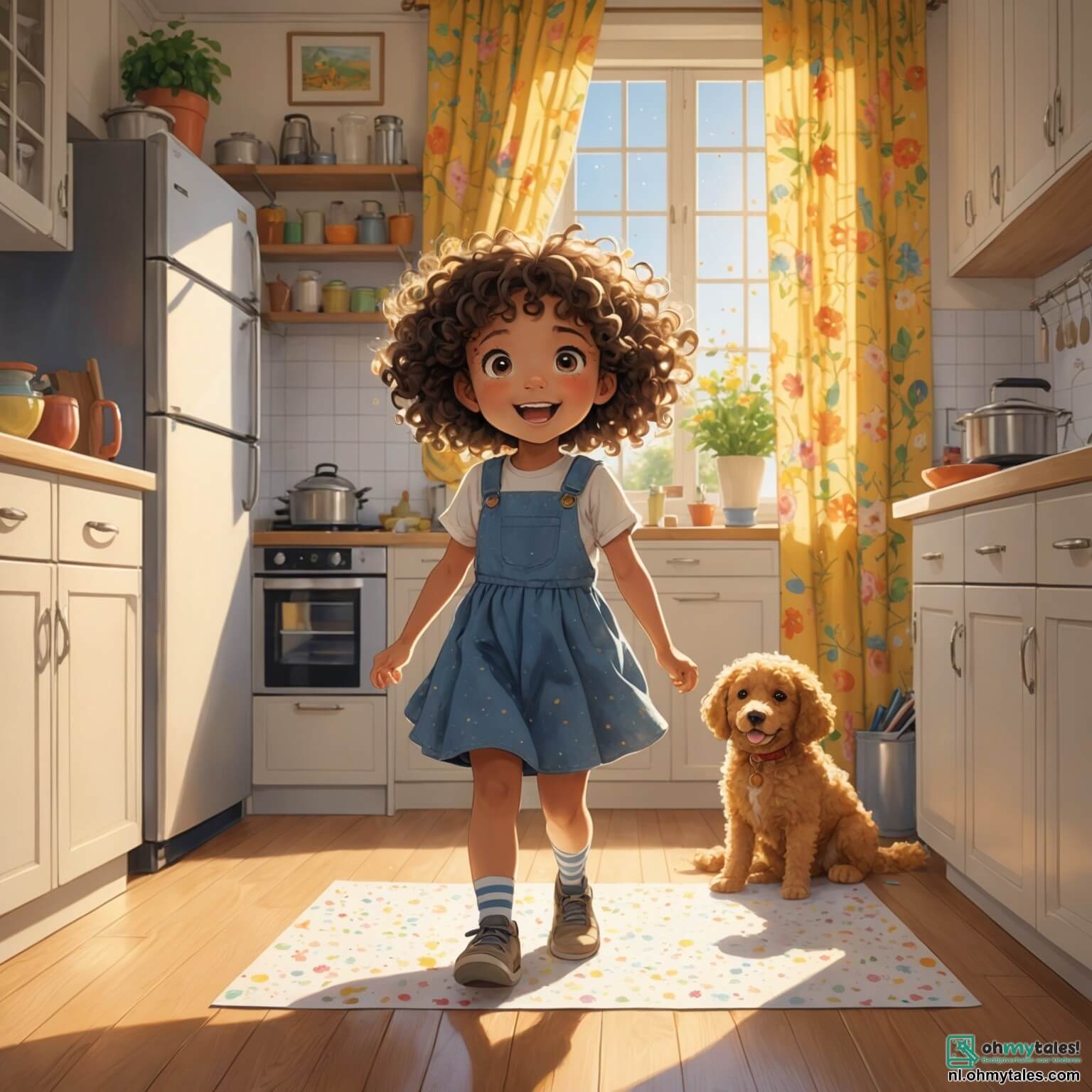 Une illustration destinée aux enfants représentant une petite fille pétillante aux cheveux bouclés et aux yeux brillants d'excitation, se tenant dans une cuisine ensoleillée où les rayons dorés filtrent à travers les rideaux à fleurs, entourée de crayons de couleur éparpillés et d'un grand morceau de papier sur lequel elle dessine avec passion une surprise pour son papa, tandis que son fidèle chien aux oreilles tombantes, plein de curiosité, renifle autour d'elle, tous deux s'affairant à préparer une fête des pères mémorable dans cette pièce chaleureuse où l'odeur de biscuits fraîchement cuits flotte dans l'air.