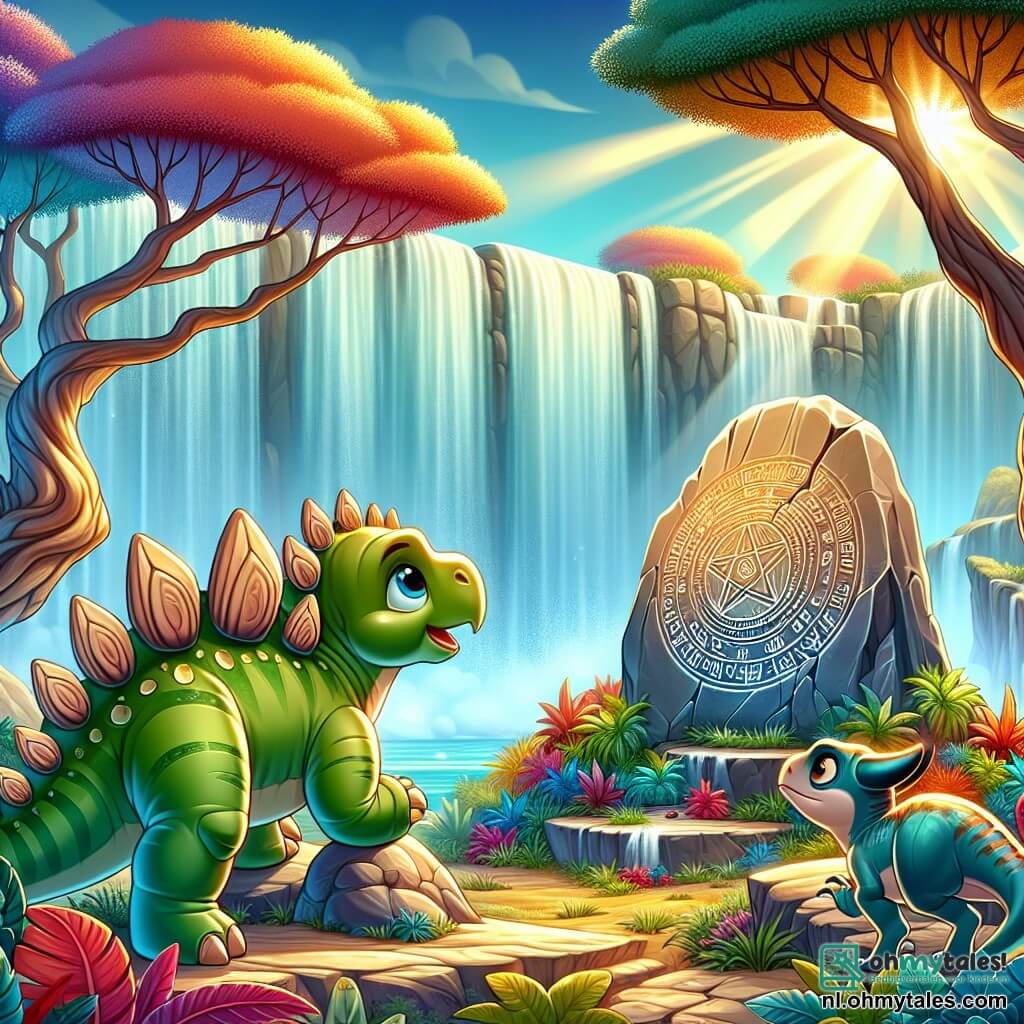 Une illustration sous forme de dessin destinée aux enfants représentant un magnifique paysage de Dino-eiland, avec des arbres géants aux feuilles colorées et une grande cascade scintillante, où un stégosaure à la peau verte et aux plaques dorsales brillantes explore une ancienne pierre ornée de symboles mystérieux, tandis qu'à ses côtés, une triceratops aux grandes cornes et un velociraptor vif et curieux l'observent avec émerveillement, tous trois prêts à découvrir les secrets de l'île magique.