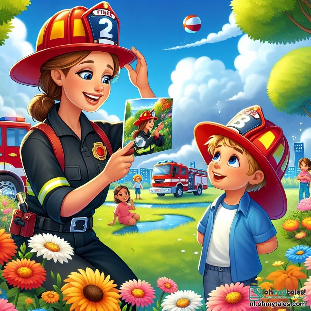 Illustratie van een levendige scène in een zonnig park, vol kleurrijke bloemen en majestueuze bomen. In het midden staat een dappere vrouwelijke brandweerman met bruin haar in een knot, gekleed in een rode brandweerkleding en een glanzende helm, die warm glimlacht terwijl ze met een jonge jongen praat. De jongen, ongeveer 7 jaar oud, heeft rommelig blond haar en draagt een grote brandweerpet die over zijn ogen glijdt, terwijl hij de vrouw bewonderend aankijkt. De vrouw toont foto's van haar brandweermateriaal, terwijl de jongen, met verwonderde ogen, aandachtig luistert. Op de achtergrond spelen andere kinderen met een grote bal, wat leven toevoegt aan de scène. Witte wolken drijven in de blauwe lucht en in de verte is een brandweersirene te horen, wat een aanstaande avontuur suggereert. De sfeer is vrolijk en inspirerend, en vangt de geest van samenwerking en moed van brandweermannen.