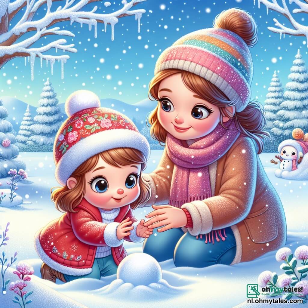 Illustratie van een betoverend winterlandschap, met een grond bedekt met een dikke laag glinsterende sneeuw onder een heldere blauwe lucht. Bomen met takken vol sneeuw staan op de achtergrond en creëren een magische sfeer. Op de voorgrond zit een klein meisje van 1 jaar, met grote sprankelende ogen en roze wangen, in een mooie rode jas en een zachte sjaal. Ze zit op haar hurken, met haar handen in de sneeuw, lachend van blijdschap terwijl ze een sneeuwbal vormt. Naast haar staat een vrouw van ongeveer 30 jaar, met bruin haar in een knot, die glimlacht terwijl ze naar het meisje kijkt. Ze draagt een warme jas en een kleurrijke muts, met een sneeuwbal in haar hand, klaar om te spelen. De scène vangt het magische moment waarop het meisje voor het eerst sneeuw ontdekt, omringd door gelach en vreugde. Sneeuwvlokken vallen zachtjes uit de lucht, wat een feeërieke toets aan de illustratie toevoegt.