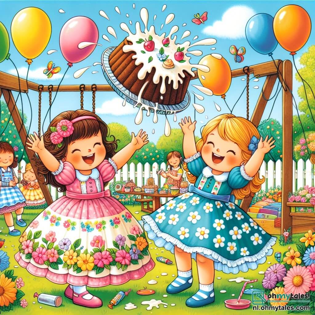 Illustratie van een vrolijke scène in een zonnige tuin, vol kleurrijke bloemen en houten schommels. In het midden staan twee meisjes van ongeveer 8 jaar, het ene in een mooie roze jurk met bloemenpatronen, het andere in een blauwe jurk met witte stippen. Ze lachen luid, met opgeheven armen, terwijl een grote taart die valt op de grond neervalt en overal crème spettert. Ballonnen in alle kleuren zweven om hen heen, sommige stijgen de blauwe lucht in. Op de achtergrond zijn andere kinderen, ook vrolijk, druk bezig om de tuin voor het feest klaar te maken, wat bijdraagt aan de sfeer van vreugde en kameraadschap.