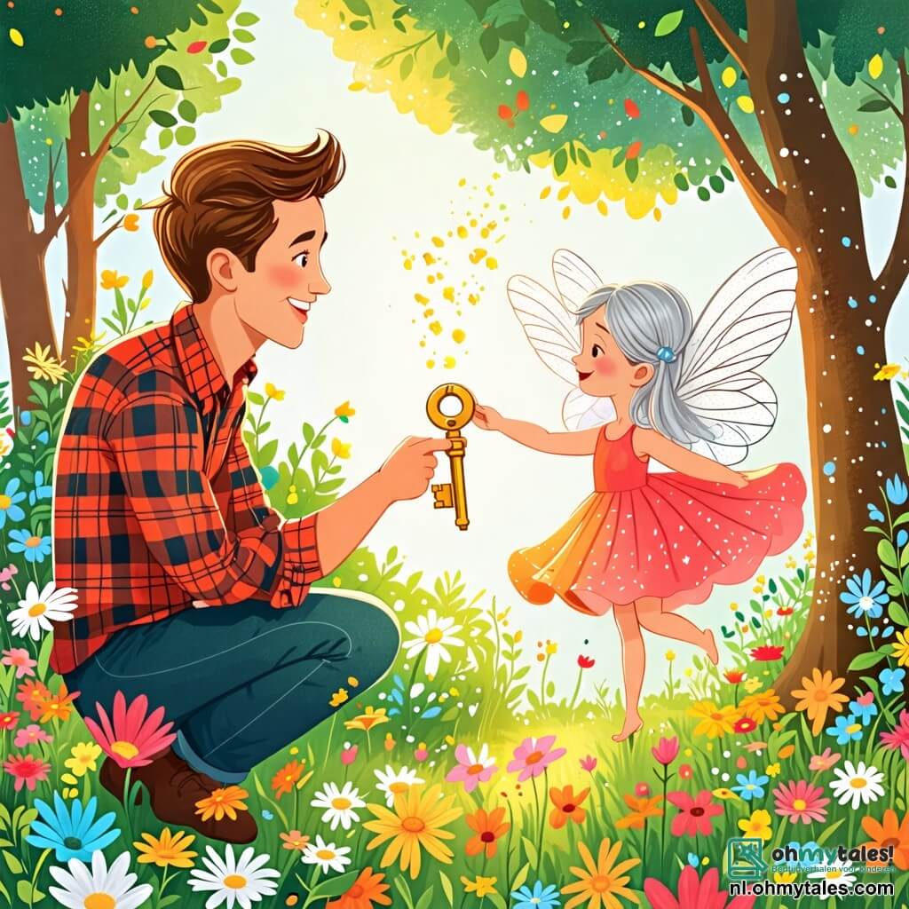 Une illustration sous forme de dessin destinée aux enfants représentant un jardin enchanteur rempli de fleurs colorées et de grands arbres, où un homme au sourire chaleureux, avec des cheveux bruns et une chemise à carreaux, est accroupi, tenant une clé dorée dans sa main, tandis qu'une petite elfette aux ailes scintillantes et aux cheveux argentés, vêtue d'une robe de pétales, danse joyeusement autour de lui, exprimant sa gratitude alors qu'ils célèbrent la découverte de la clé magique qui lui permettra de rentrer chez elle.
