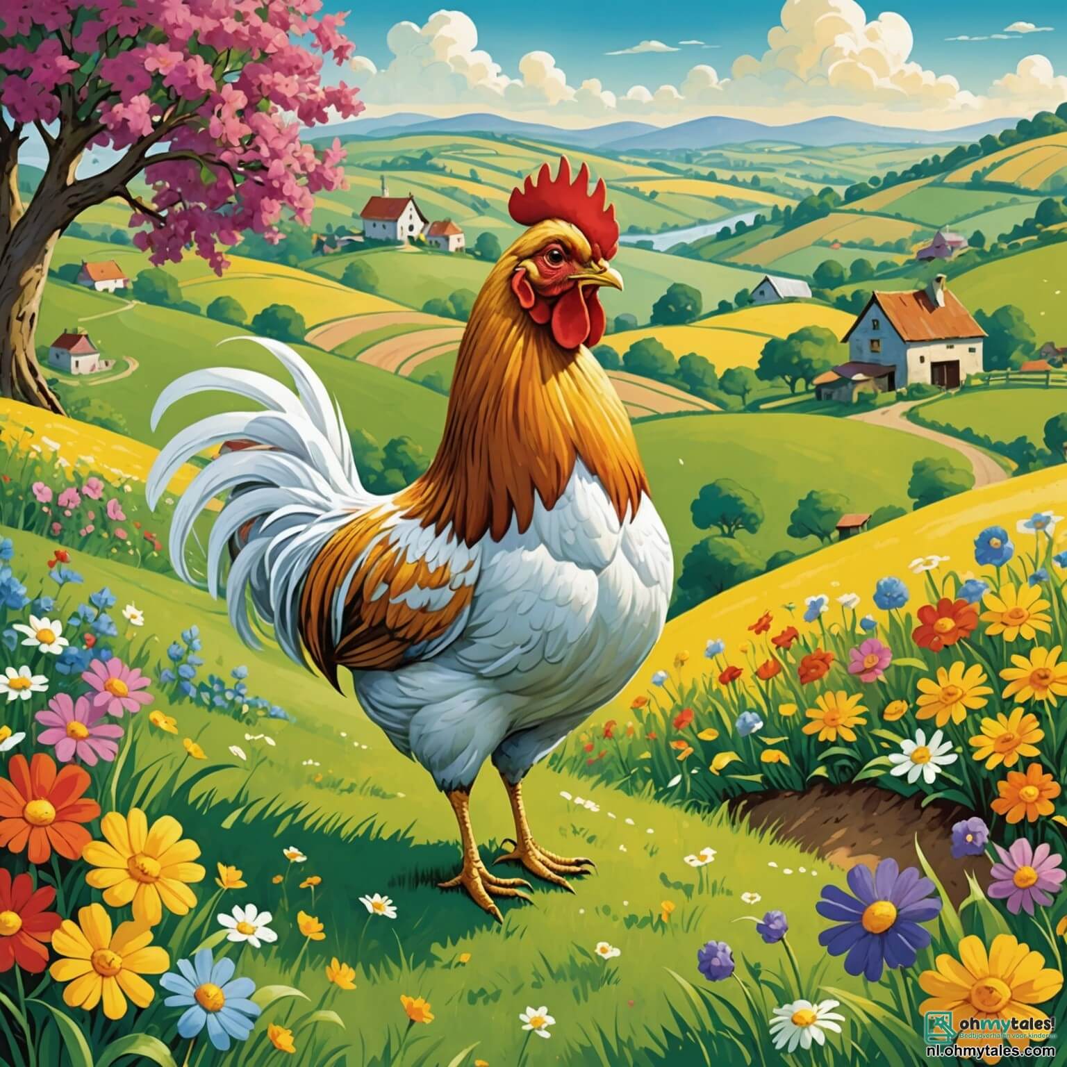 Une illustration destinée aux enfants représentant une poule au plumage doré étincelant, pleine de curiosité et d'audace, se tenant fièrement au sommet d'une colline verdoyante, entourée de fleurs colorées qui dansent sous la brise légère, tandis qu'elle se prépare à quitter la sécurité de sa ferme pittoresque, où ses amis, un chat rusé aux yeux malicieux et une canne gracieuse aux plumes éclatantes, l'encouragent à partir à l'aventure pour explorer les merveilles cachées de la forêt voisine, où des mystères et des rencontres inattendues l'attendent.