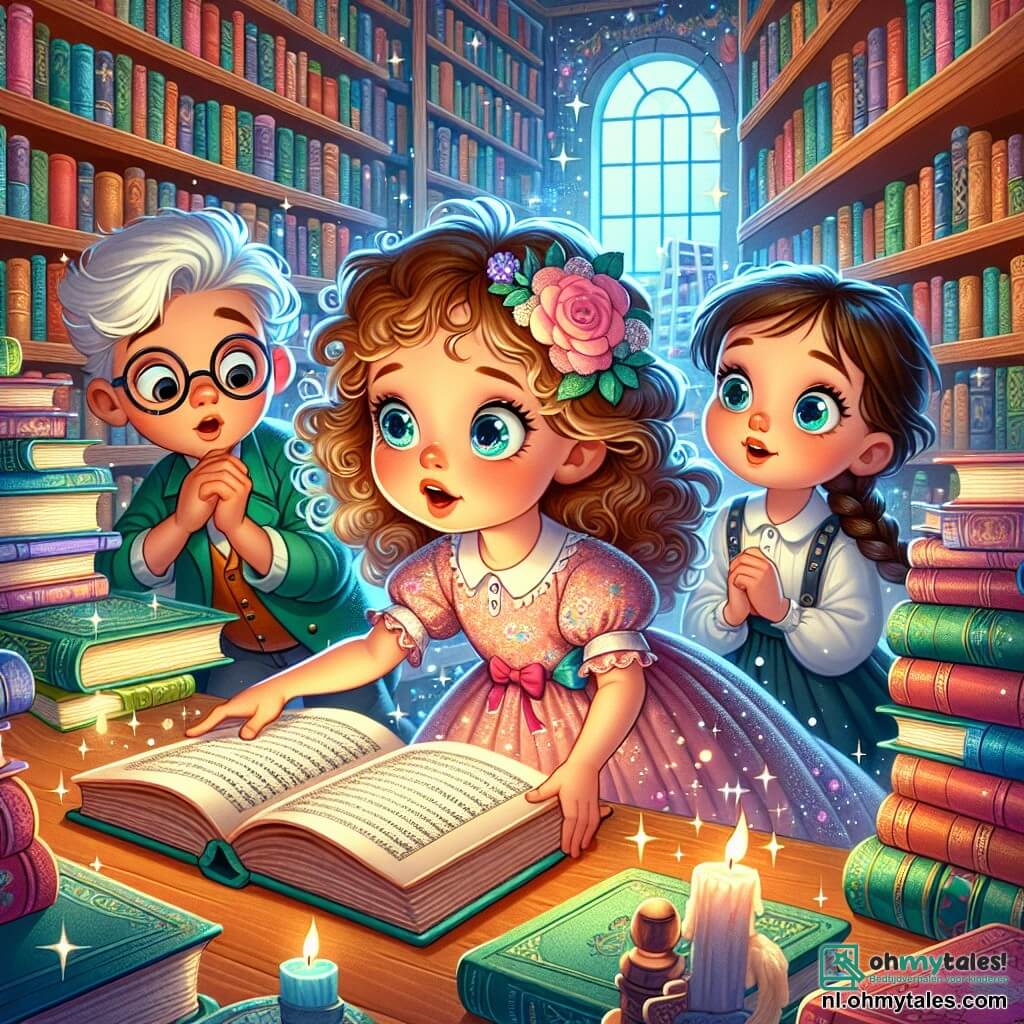 Une illustration sous forme de dessin destinée aux enfants représentant une bibliothèque magique avec de grandes étagères remplies de livres colorés, où une petite fille de 5 ans aux cheveux bouclés et aux yeux pétillants, portant une robe à fleurs, cherche avec enthousiasme un vieux livre sur une table, tandis que deux de ses amis, un garçon aux lunettes et une fille avec une tresse, l'observent avec curiosité, tous trois plongés dans une aventure de petits enquêteurs à la recherche d'un livre mystérieusement disparu.