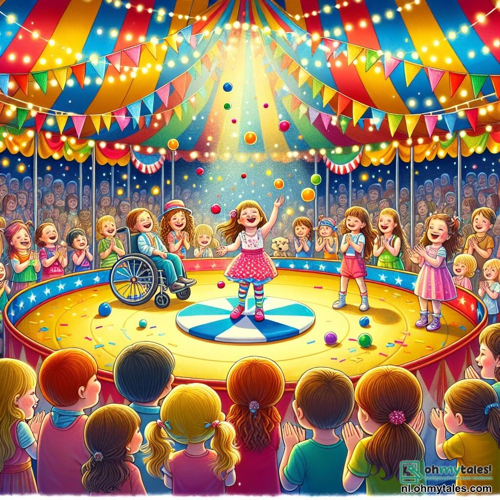 Illustratie van een kleurrijke scène binnen een grote circustent. De tent is versierd met kleurrijke vlaggen die in de lucht wapperen, met fonkelende lichten die de ruimte verlichten. In het midden is er een ronde circuspiste omringd door verwonderde toeschouwers. Drie jonge meisjes zijn de hoofdpersonages: het eerste meisje, ongeveer 8 jaar oud met lange bruine haren en een roze stippenjurk, glimlacht vrolijk terwijl ze met kleurrijke ballen jongleert. Het tweede meisje, 7 jaar met blonde vlechten en een blauwe t-shirt, applaudisseert enthousiast vanuit haar rolstoel. Het derde meisje, 9 jaar met rood haar en een bril, kijkt bewonderend met glinsterende ogen van trots. De hoofdscène toont het eerste meisje, vol vastberadenheid en vreugde, jonglerend met ballen onder het applaus van het publiek. Kleurige confetti valt om hen heen, wat bijdraagt aan de feestelijke sfeer. Op de achtergrond lachen en dansen clowns, terwijl circusdieren, zoals een olifant en een leeuw, vredig staan en bijdragen aan de magische sfeer van het circus.