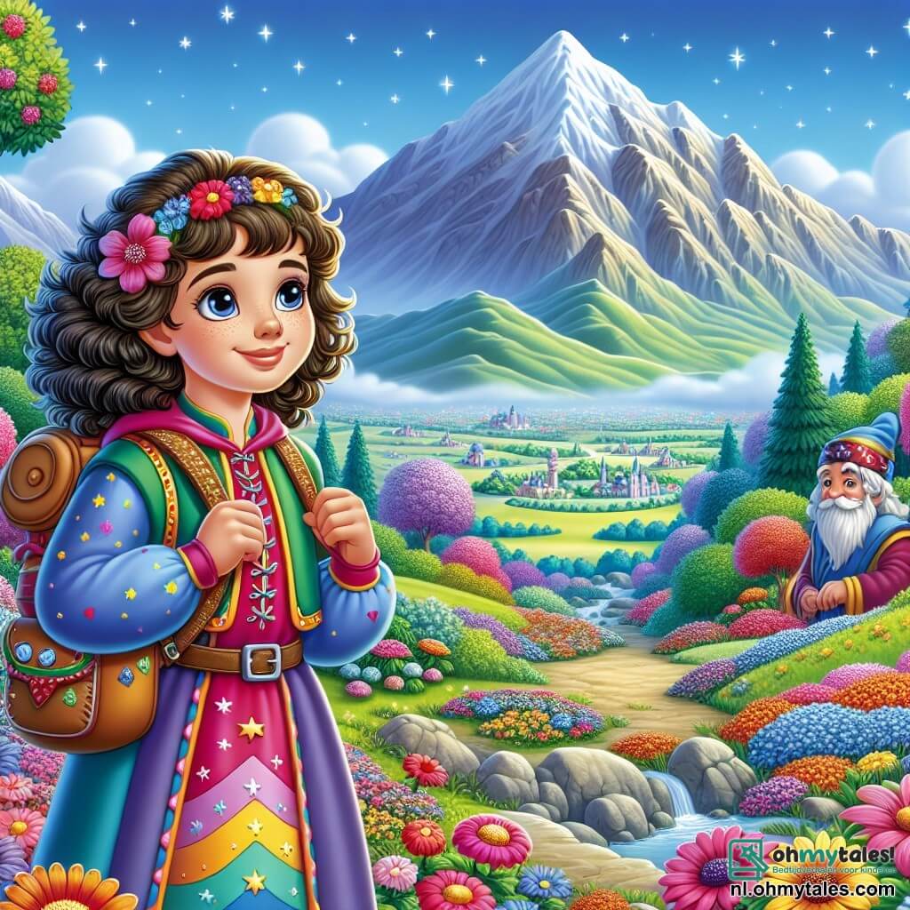 Une illustration sous forme de dessin destinée aux enfants représentant une vaste vallée enchantée, remplie de fleurs colorées et de montagnes majestueuses en arrière-plan, où une jeune femme aux cheveux bouclés et aux yeux pétillants, vêtue d'une tunique colorée et portant un sac à dos, se tient avec un sourire d'émerveillement, tandis qu'un vieux sage à la barbe grise et au chapeau étoilé l'observe avec bienveillance, alors qu'elle s'apprête à relever des défis pour découvrir les trésors cachés de cette terre magique.