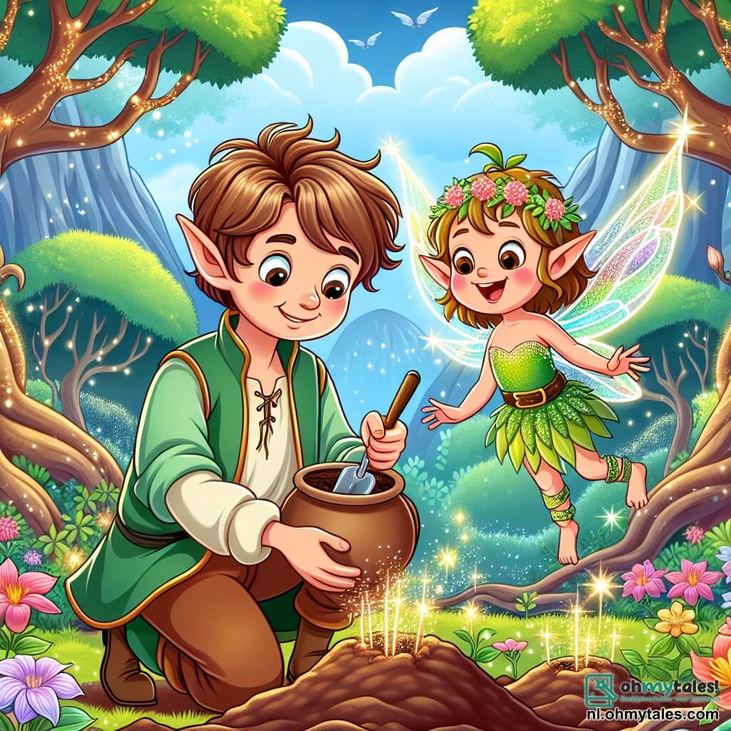 Une illustration sous forme de dessin destinée aux enfants représentant une scène enchantée dans un forêt magique, où un homme au visage souriant, avec des cheveux bruns et une tunique verte, est en train de planter des graines brillantes dans le sol, tandis qu'une petite elfette aux ailes scintillantes et aux cheveux dorés vole autour de lui, l'encourageant avec enthousiasme, et en arrière-plan, des arbres majestueux aux feuilles étincelantes et des fleurs colorées qui commencent à éclore, symbolisant la magie retrouvée du lieu.