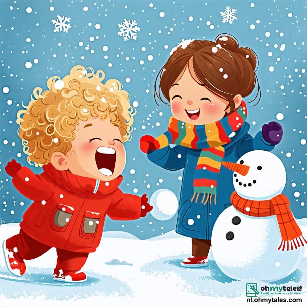 Une illustration sous forme de dessin destinée aux enfants représentant un paysage hivernal féérique avec un garçon de 2 ans aux cheveux blonds et bouclés, vêtu d'une combinaison de neige rouge, riant aux éclats en lançant une boule de neige, tandis qu'une maman souriante aux cheveux bruns, portant un manteau bleu et une écharpe colorée, l'encourage à jouer, le tout entouré de flocons de neige tombant doucement et d'une adorable neige qui forme une grande boule pour créer une neige pop à côté d'eux.