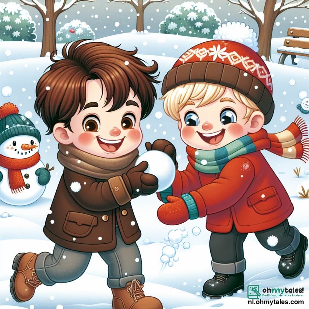 Une illustration sous forme de dessin destinée aux enfants représentant un parc enneigé, avec un garçon de 5 ans aux cheveux bruns et aux joues rosies par le froid, riant et lançant une boule de neige vers son ami, un garçon aux cheveux blonds, vêtu d'un manteau rouge, qui se prépare à esquiver, tandis qu'une grande neigeuse et un bonhomme de neige souriant, habillé d'une écharpe colorée, ajoutent une touche joyeuse à cette scène d'hiver pleine de rires et d'amitié.