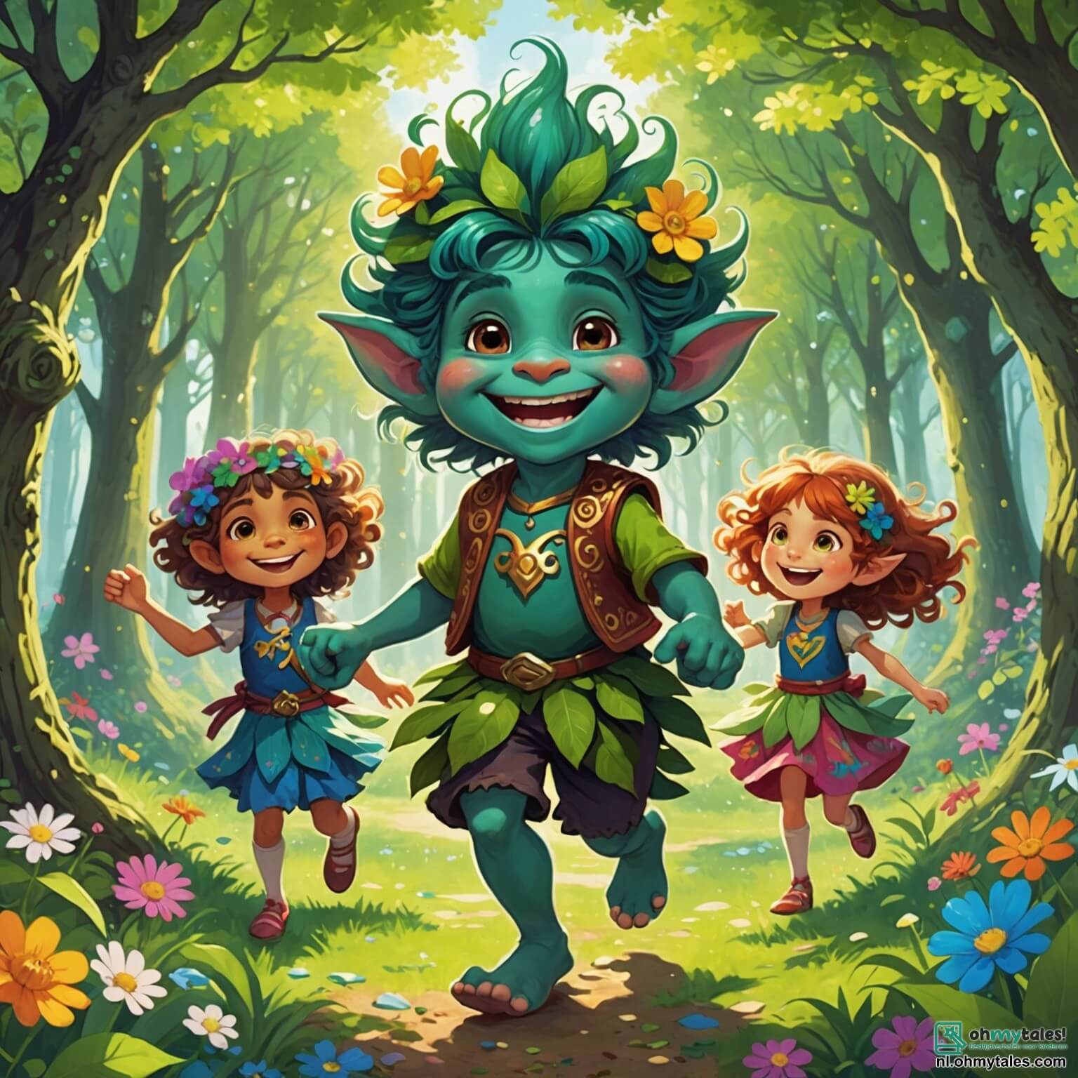 Une illustration destinée aux enfants représentant un troll aux couleurs éclatantes, avec une peau verte chatoyante et des yeux pétillants de malice, dansant joyeusement au cœur d'une clairière enchantée où les rayons du soleil filtrent à travers les feuilles des arbres majestueux, entouré de ses amis, une fillette intrépide aux cheveux bouclés et un garçon au sourire éclatant, tous deux vêtus de vêtements colorés, tandis que des fleurs multicolores s'épanouissent autour d'eux et que des oiseaux chantent gaiement, alors qu'ils s'apprêtent à célébrer une fête magique pour découvrir le pouvoir de l'amitié et de la joie dans un monde où la musique résonne comme un doux écho de bonheur.