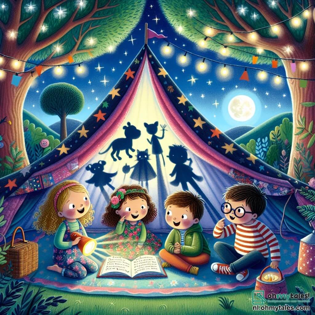Illustratie van een magische scène binnenin een kleurrijke tent, opgesteld in een tuin onder een sterrenhemel. De tent is versierd met schitterende lichtslingers, en buiten dansen de schaduwen van grote bomen zachtjes in het maanlicht. Binnen in de tent zijn vier kinderen samengekomen: een meisje van ongeveer 8 jaar met krullend haar en een bloemenjurk, die glimlacht en een zaklamp vasthoudt, waardoor de gezichten van haar vrienden verlicht worden; een jongen van 9 jaar met kort haar en een gestreept t-shirt, die met zijn hand schaduwen maakt en dierenvormen op het doek creëert; een ander meisje van 7 jaar met lange vlechten, die met verwonderde ogen kijkt en een lichte glimlach op haar gezicht heeft; en tot slot een jongen van 8 jaar met een bril en een hoodie, die hardop een geïllustreerd boek voorleest en de aandacht van zijn vrienden vasthoudt. De hoofdscène toont de kinderen die hun angst voor het donker overwinnen door te zingen en te spelen met schaduwen, wat een vrolijke en troostende sfeer creëert. Heldere sterren schitteren door de opening van de tent, wat een vleugje magie aan de scène toevoegt. Kleurrijke kussens liggen verspreid om hen heen, en een zachte gloed komt van de zaklamp, wat een warme en vriendelijke sfeer creëert.