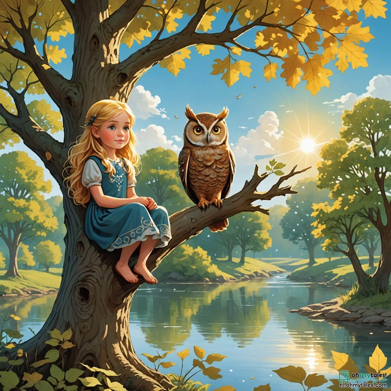 Une illustration destinée aux enfants représentant une petite fille aux cheveux dorés, illuminée par la douce lumière du soleil filtrant à travers les feuilles d'un grand chêne, se tenant au bord d'une paisible rivière scintillante, où elle rêve de découvrir le monde au-delà de son village, tandis qu'un sage hibou aux plumes argentées, perché sur une branche, l'observe avec bienveillance, et des enfants aux visages joyeux, jouant dans une clairière remplie de fleurs colorées, ajoutent une touche de vie à ce tableau enchanteur, où la curiosité et la quête de vérité se mêlent à l'harmonie de la nature.