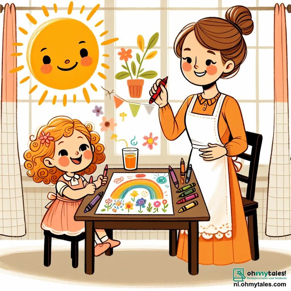 Une illustration sous forme de dessin destinée aux enfants représentant une table en bois dans une cuisine ensoleillée, où une petite fille de 3 ans aux cheveux blonds bouclés et au sourire éclatant, assise sur une chaise, dessine avec des crayons de couleur sur un grand papier, tandis qu'une femme douce aux cheveux bruns attachés en chignon, vêtue d'un tablier, se tient à côté d'elle avec un verre de jus de fruit, le regard bienveillant, capturant le moment où la fillette hésite à avouer qu'elle a cassé le précieux crayon rouge de sa mère, entourée de dessins colorés de fleurs et d'une grande soleil souriant.