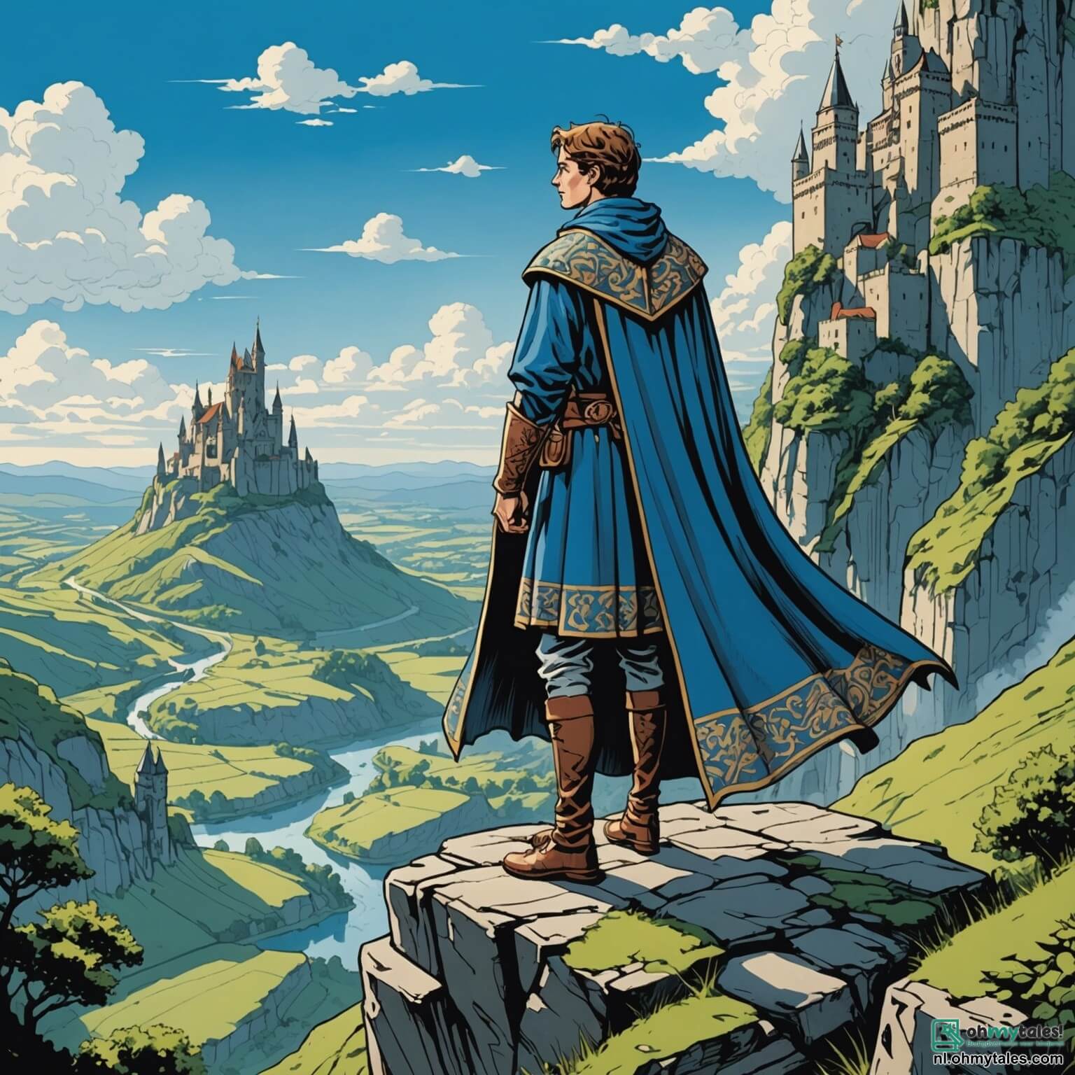 Une illustration destinée aux enfants représentant un jeune homme à la stature élancée, vêtu d'une tunique ornée de motifs anciens et d'une cape flottante, se tenant courageusement au sommet d'une falaise escarpée surplombant une vallée verdoyante, où des châteaux en pierre aux flèches élancées se dressent majestueusement sous un ciel azur parsemé de nuages cotonneux, tandis qu'il se prépare à affronter un sorcier maléfique, dont l'ombre menaçante plane sur le royaume, accompagné de son fidèle compagnon, un sage hibou aux plumes argentées, qui veille sur lui avec des yeux perçants, et d'une jeune fille intrépide, armée d'un arc en bois sculpté, prête à défendre leur terre contre les forces obscures qui menacent de plonger leur monde enchanteur dans le chaos.