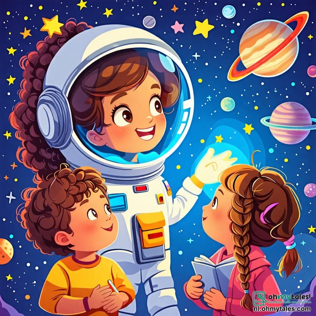 Une illustration sous forme de dessin destinée aux enfants représentant une salle de classe colorée avec des murs décorés d'étoiles et de planètes, où une femme astronaute aux cheveux bruns et bouclés, portant un grand casque de spationaute et un uniforme blanc, explique avec enthousiasme aux enfants, un garçon aux yeux brillants et une fille aux tresses, qui l'écoutent avec émerveillement, rêvant de voyages dans l'espace et de découvertes interstellaires, tandis qu'une lampe de leur salle de classe projette une lumière douce, créant une ambiance magique et inspirante.