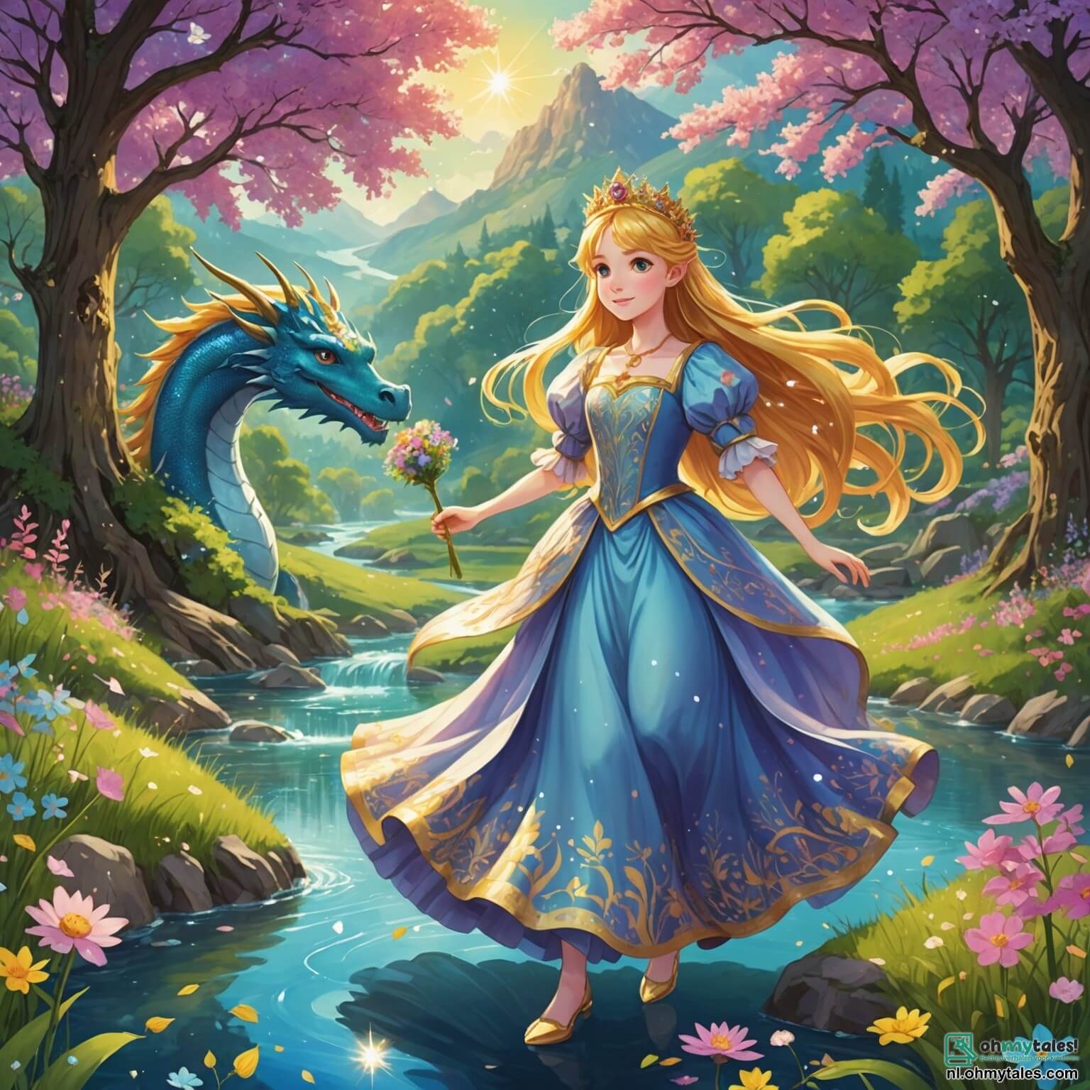 Une illustration destinée aux enfants représentant une princesse pétillante aux cheveux dorés, vêtue d'une robe chatoyante ornée de fleurs scintillantes, qui se trouve dans un royaume enchanté où les arbres dansent au rythme du vent et où des rivières étincelantes serpentent à travers des prairies colorées, alors qu'elle se lance dans une quête hilarante pour retrouver une paille de paillettes volée par un farceur dragon espiègle aux écailles multicolores, accompagnée de son fidèle écureuil espiègle à la queue touffue et de joyeux gnomes à chapeaux pointus, tous réunis dans cette forêt magique où les champignons chantent et les fleurs rient sous le soleil éclatant.
