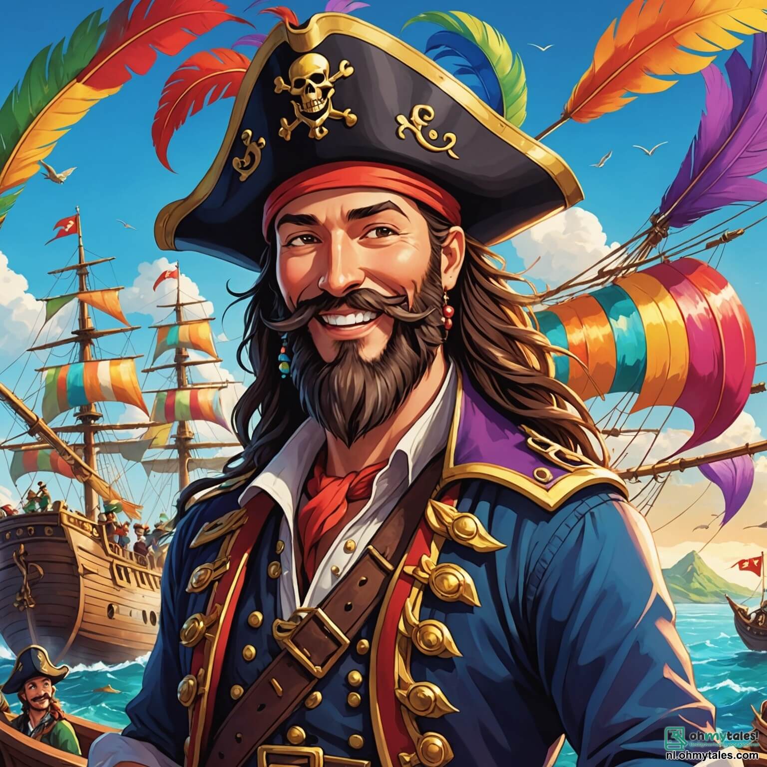 Une illustration destinée aux enfants représentant un homme au sourire éclatant et à la barbe flamboyante, vêtu d'un chapeau de pirate orné de plumes colorées, naviguant sur un majestueux navire aux voiles multicolores, en quête d'une légendaire trésor caché sur une île mystérieuse, entouré de sa fidèle équipe composée d'un jeune garçon au grand chapeau qui rit aux éclats et d'une courageuse fille à la chevelure dorée qui manie la spatule comme une épée, le tout se déroulant sur des eaux turquoise scintillantes sous un ciel azur, avec des palmiers dansant au rythme du vent et des fleurs éclatantes qui embaument l'air d'un parfum d'aventure.