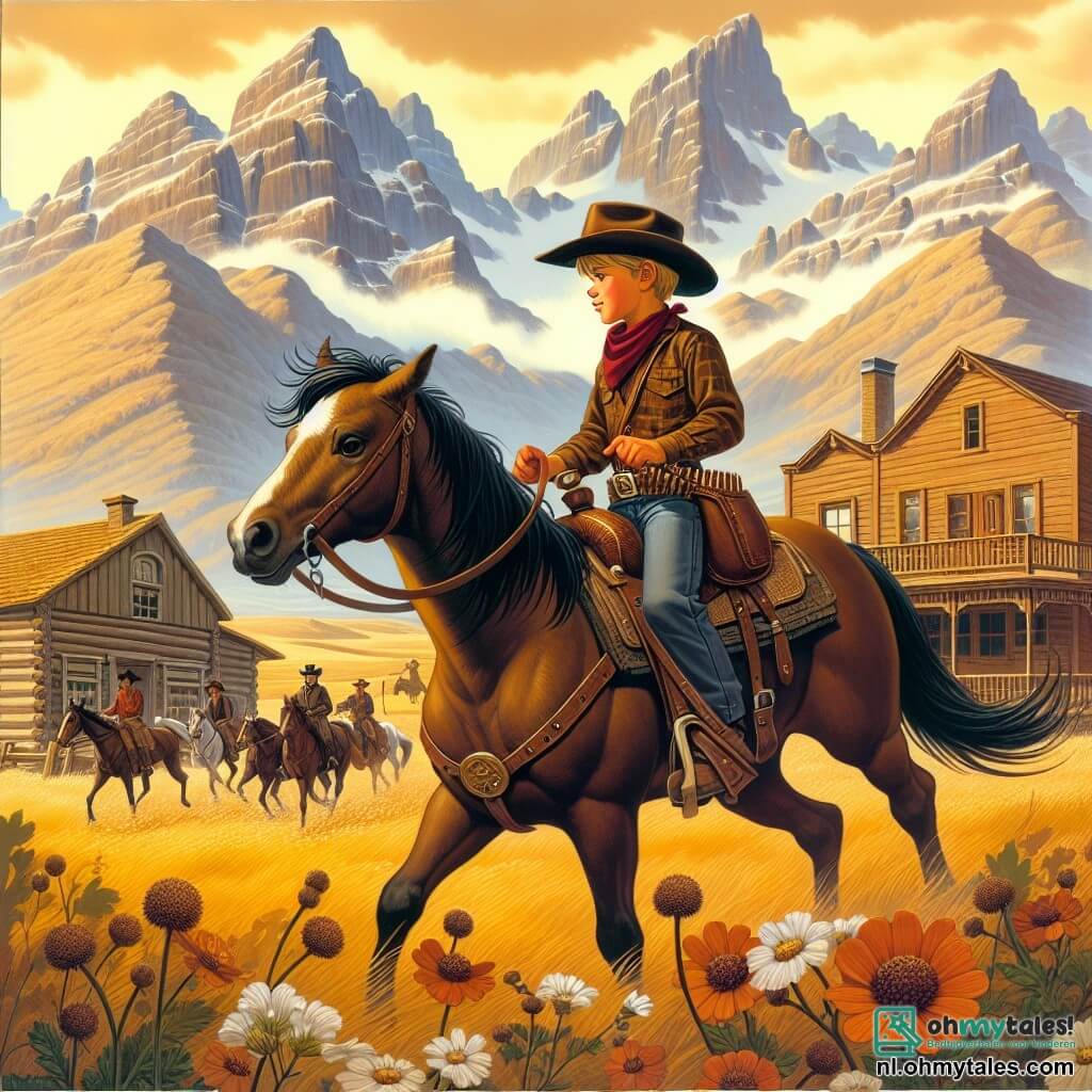 Une illustration destinée aux enfants représentant un jeune cowboy intrépide, un garçon à la large ceinture en cuir, portant un chapeau de feutre usé par le temps, chevauchant son fidèle cheval brun au pelage brillant, traversant une prairie dorée par le soleil couchant, où les fleurs sauvages dansent au gré du vent, tandis qu'en arrière-plan se dressent des montagnes majestueuses aux sommets enneigés, et où se trouve un petit village en bois, avec des bâtiments rustiques et une saloon animée, où des hommes et des femmes, des cowboys et des cowgirls, se rassemblent pour écouter des histoires de bravoure et d'aventure, alors que le jeune garçon rêve de découvrir une légendaire trésor caché dans une mystérieuse grotte, accompagné de son fidèle compagnon à quatre pattes et des amis du village, qui l'encouragent dans sa quête.
