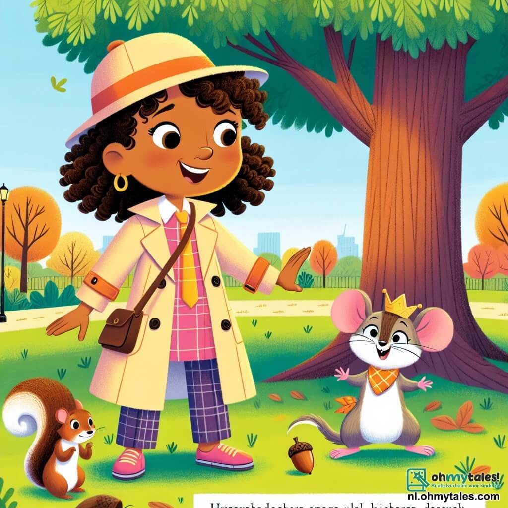 Une illustration sous forme de dessin destinée aux enfants représentant un parc ensoleillé avec une grande eik, où une femme détective aux cheveux bouclés et au sourire chaleureux, vêtue d'un trench-coat coloré, examine attentivement le sol à la recherche d'indices, tandis qu'un petit écureuil aux yeux brillants, visiblement inquiet, se tient à ses côtés, et une petite souris joyeuse avec une couronne en papier danse autour d'eux, célébrant son anniversaire et tenant une part de gâteau, symbolisant l'amitié et l'aventure dans leur quête pour retrouver une noisette disparue.