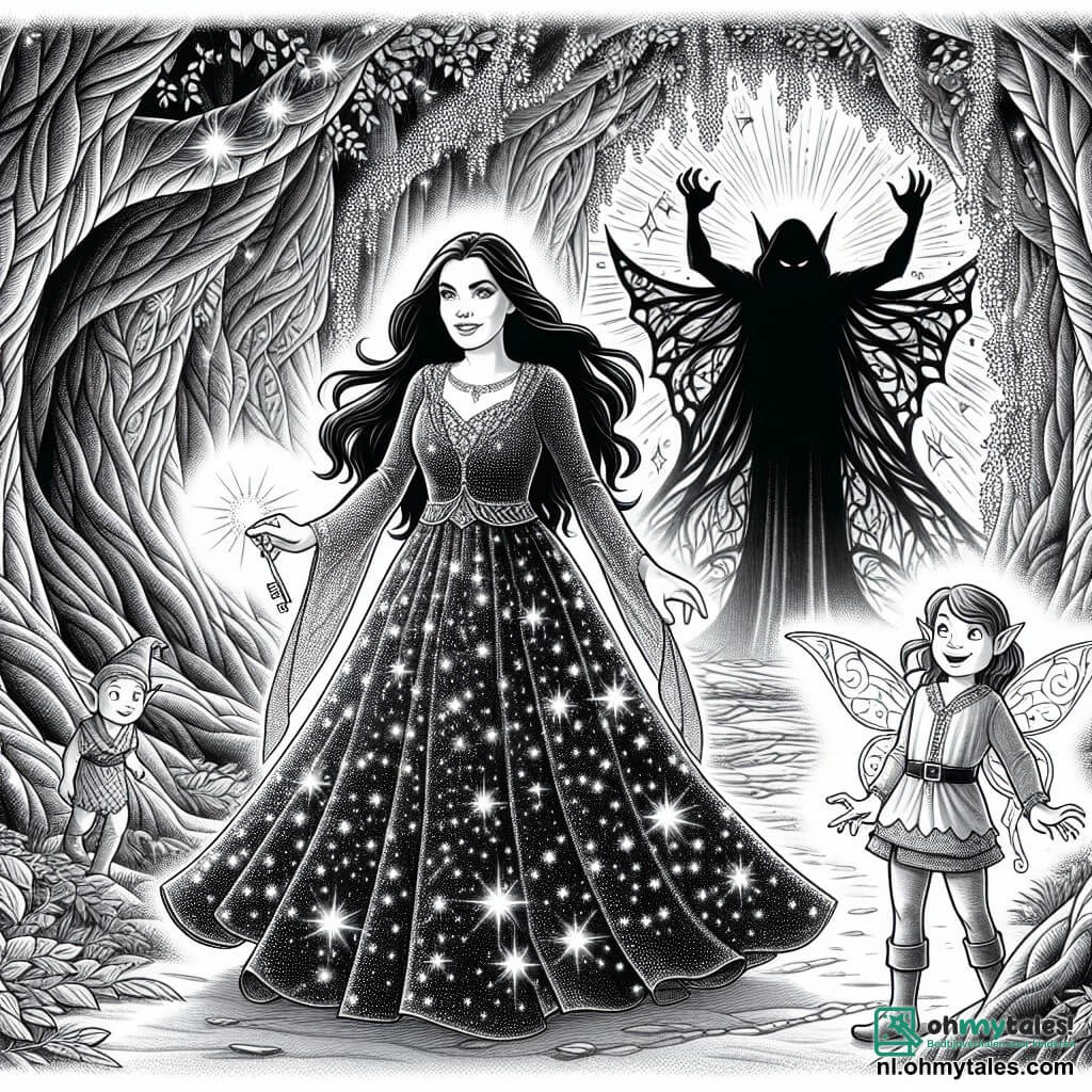 Une illustration sous forme de dessin destinée aux enfants représentant une ancienne et majestueuse forêt enchantée, avec des arbres gigantesques aux feuilles scintillantes, où une jeune femme aux longs cheveux noirs et aux yeux brillants, vêtue d'une robe fluide ornée de motifs étoilés, se tient déterminée au centre, tenant une clé lumineuse dans sa main, tandis qu'à ses côtés, un petit elfe aux ailes étincelantes et au sourire espiègle l'encourage, alors qu'ils se préparent à affronter une ombre menaçante qui plane au-dessus d'eux, symbolisant la lutte entre la lumière des rêves et la sombre Schaduw des étoiles.