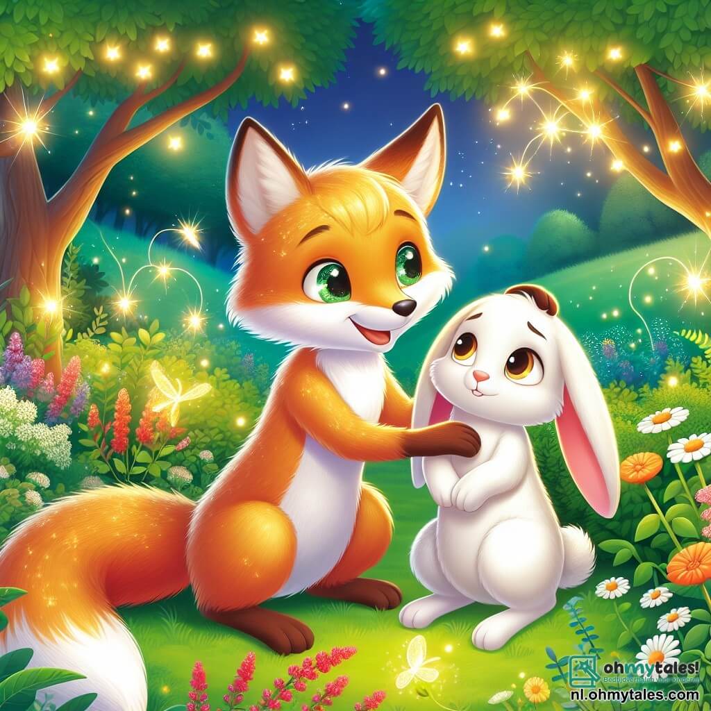 Une illustration sous forme de dessin destinée aux enfants représentant une clairière enchantée au cœur d'une forêt verdoyante, où un renard à la fourrure dorée et aux yeux pétillants, souriant et curieux, aide un petit lapin aux grandes oreilles et au pelage blanc, qui semble perdu et inquiet, tandis que des fleurs colorées et des lucioles scintillantes illuminent la scène, créant une atmosphère chaleureuse et amicale, symbolisant l'entraide et la magie de l'amitié.