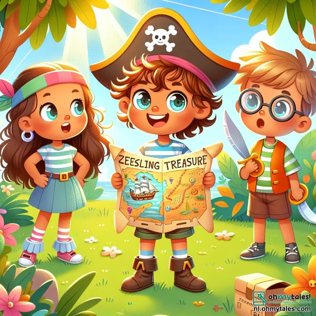 Une illustration sous forme de dessin destinée aux enfants représentant une scène colorée dans une jardin ensoleillé, où un garçon de 7 ans aux cheveux bouclés et aux yeux pétillants, vêtu d'un t-shirt rayé et d'un short, brandit fièrement une carte au trésor en papier, tandis qu'à ses côtés, une fille aux longs cheveux châtains et un garçon aux lunettes rondes, tous deux déguisés en pirates avec des chapeaux en papier et des épées en carton, l'écoutent avec admiration alors qu'ils planifient leur aventure pour trouver la légendaire Zeeslang.