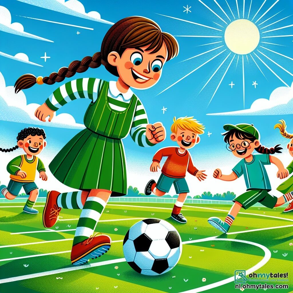 Une illustration sous forme de dessin destinée aux enfants représentant un terrain de football verdoyant sous un ciel bleu ensoleillé, avec une femme athlétique aux cheveux bruns attachés en queue de cheval, souriante et en train de dribbler un ballon, entourée de plusieurs enfants, dont une fille aux cheveux tressés en robe verte et un garçon portant une casquette rouge, tous deux riant et courant pour attraper le ballon, capturant l'esprit de camaraderie et de joie du jeu collectif.