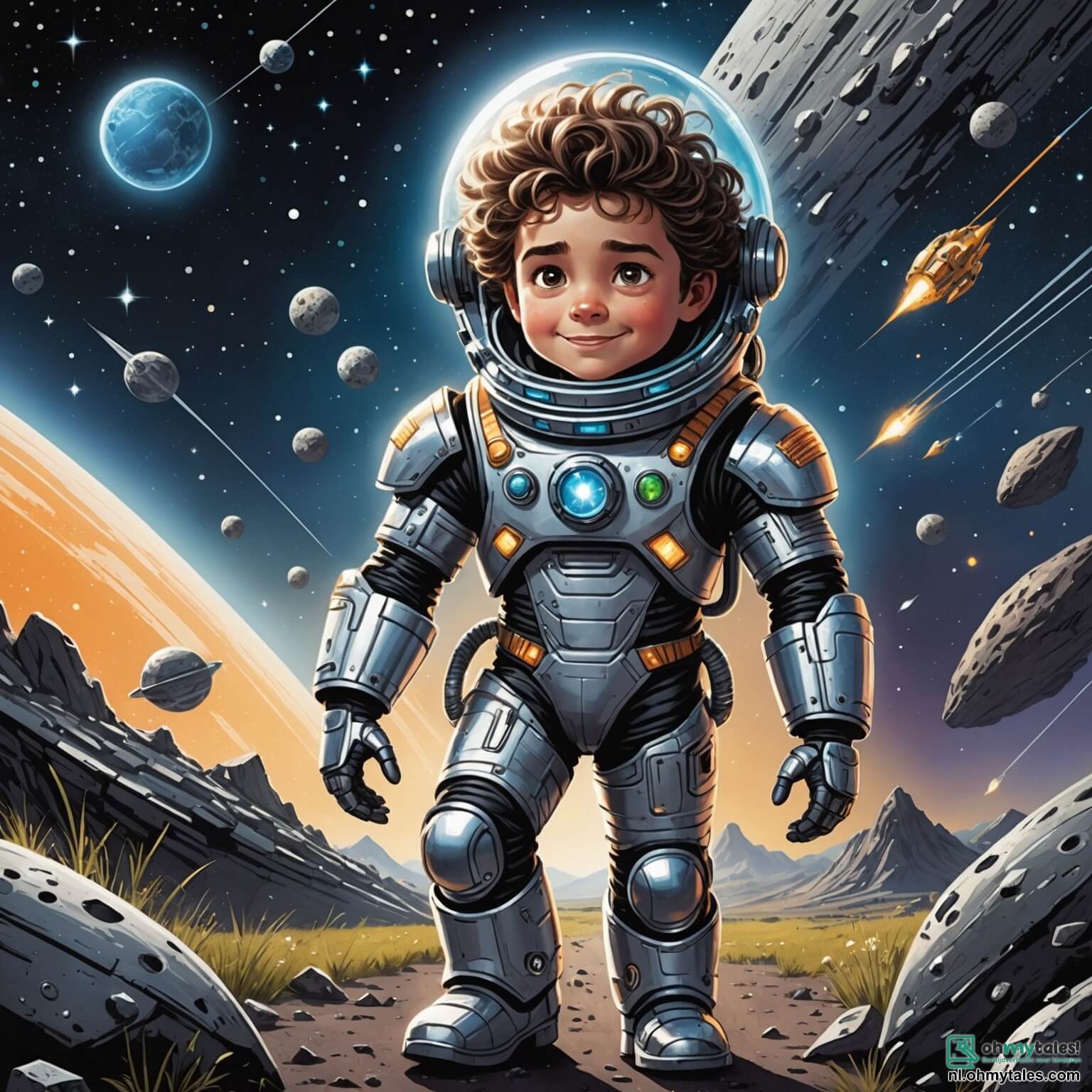 Une illustration destinée aux enfants représentant un homme courageux aux cheveux ébouriffés, vêtu d'une combinaison spatiale étincelante, naviguant à bord de son vaisseau intergalactique aux reflets argentés, alors qu'il s'aventure à travers un champ d'astéroïdes scintillants comme des diamants dans l'obscurité de l'espace, accompagné de son fidèle robot aux yeux lumineux et au sourire digital, qui l'assiste avec enthousiasme dans leur mission de sauvetage d'un autre vaisseau coincé dans cette mer d'astéroïdes, le tout se déroulant dans l'immensité étoilée où des nébuleuses colorées dansent et où des planètes lointaines brillent comme des joyaux dans un ciel infini.