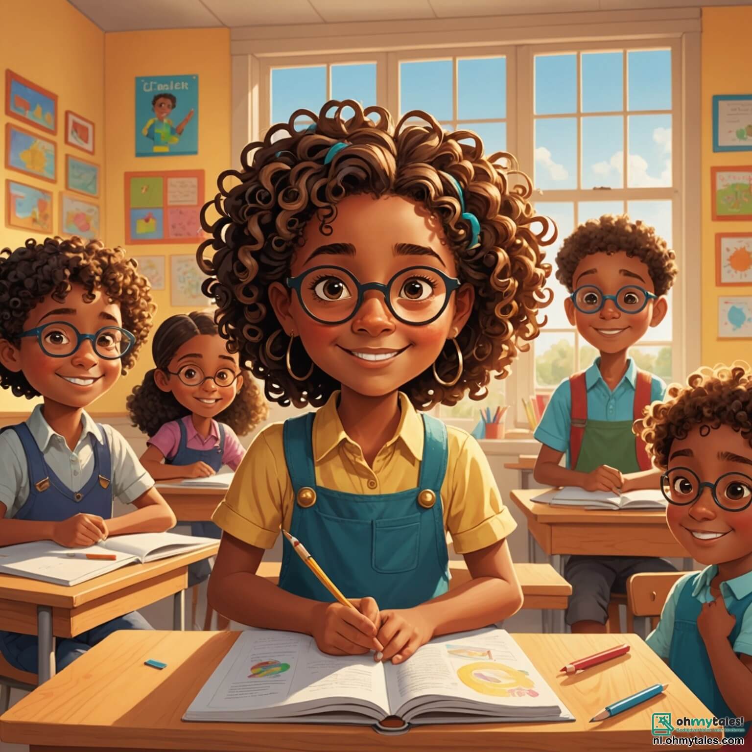 Une illustration destinée aux enfants représentant une institutrice pétillante aux cheveux bouclés, rayonnante comme un soleil du matin, se tenant devant une classe colorée remplie de pupitres en bois vernis, de dessins accrochés aux murs et de fenêtres laissant entrer la lumière dorée, tandis qu'elle guide avec passion un groupe de garçons et de filles aux yeux brillants, dont un garçon espiègle aux lunettes rondes et une fille aux tresses soignées, dans une aventure d'apprentissage ludique à travers une joyeuse chasse aux trésors éducatifs dans la cour de récréation, où les rires résonnent comme une mélodie enchantée sous le ciel bleu parsemé de nuages cotonneux.