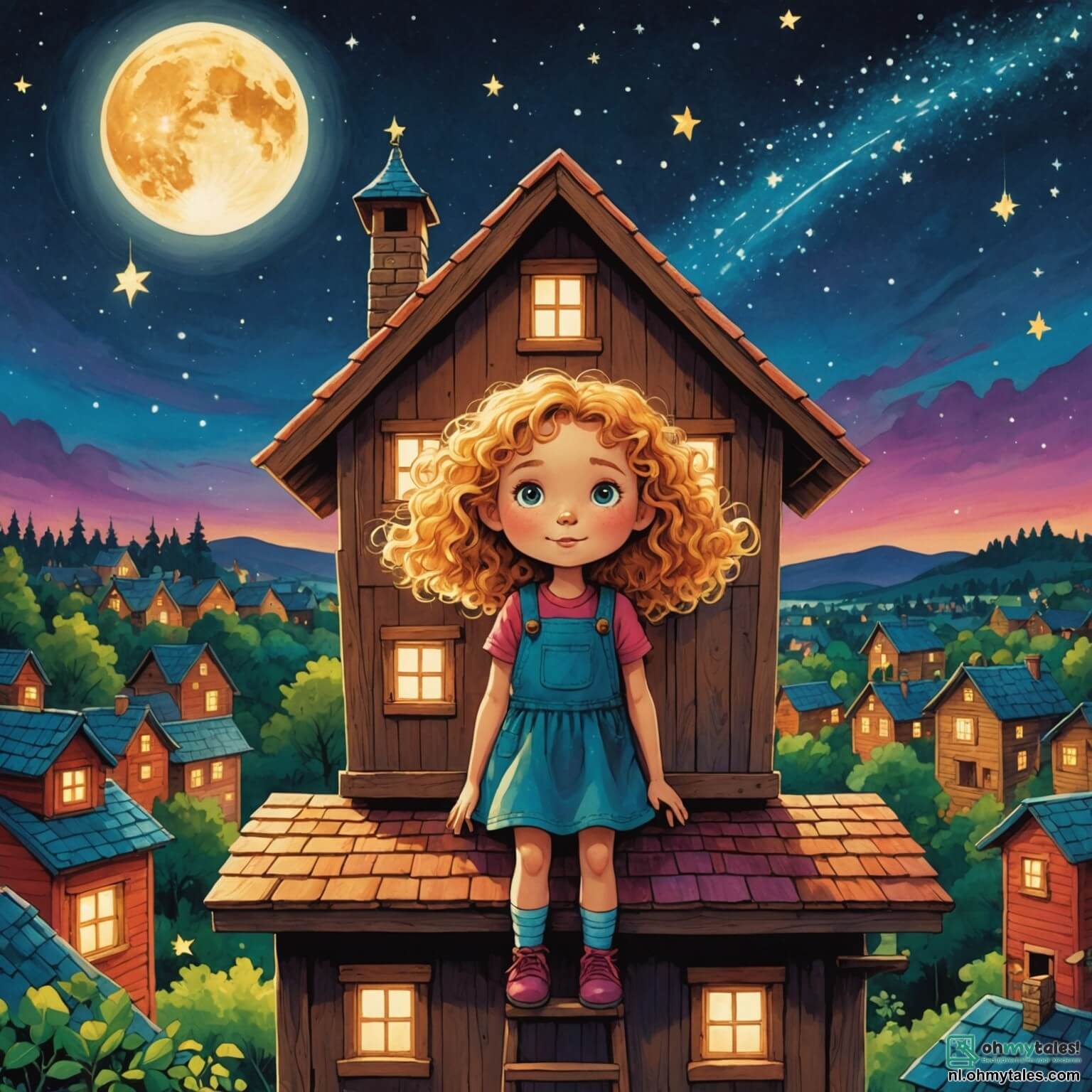 Une illustration destinée aux enfants représentant une petite fille aux cheveux bouclés et dorés, les yeux pétillants de curiosité, se tenant sur le toit de sa maison en bois, entourée de toits colorés du village, tandis qu'elle scrute le ciel étoilé d'une nuit claire, où une étoile filante scintillante descend vers la forêt mystérieuse et verdoyante derrière elle, où elle rencontre un extraterrestre aux couleurs vives, avec des yeux ronds et brillants, qui se présente comme un être amical et curieux, prêt à l'emmener dans un voyage magique à travers des paysages fantastiques, peuplés de créatures étranges et de plantes luminescentes, tout en lui apprenant l'importance de l'amitié et de l'acceptation des différences.
