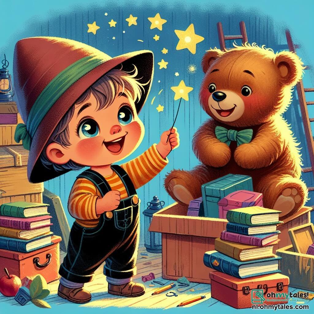 Une illustration sous forme de dessin destinée aux enfants représentant une zolder poussiéreuse remplie de vieilles boîtes et de livres colorés, où une petite fille de 1 an avec de grands yeux brillants et un chapeau oversized sourit en lançant des étoiles scintillantes dans les airs, tandis qu'un grand ours en peluche brun, avec un sourire chaleureux, l'encourage en levant une patte, capturant l'esprit d'aventure et de camaraderie dans un moment joyeux de découverte.