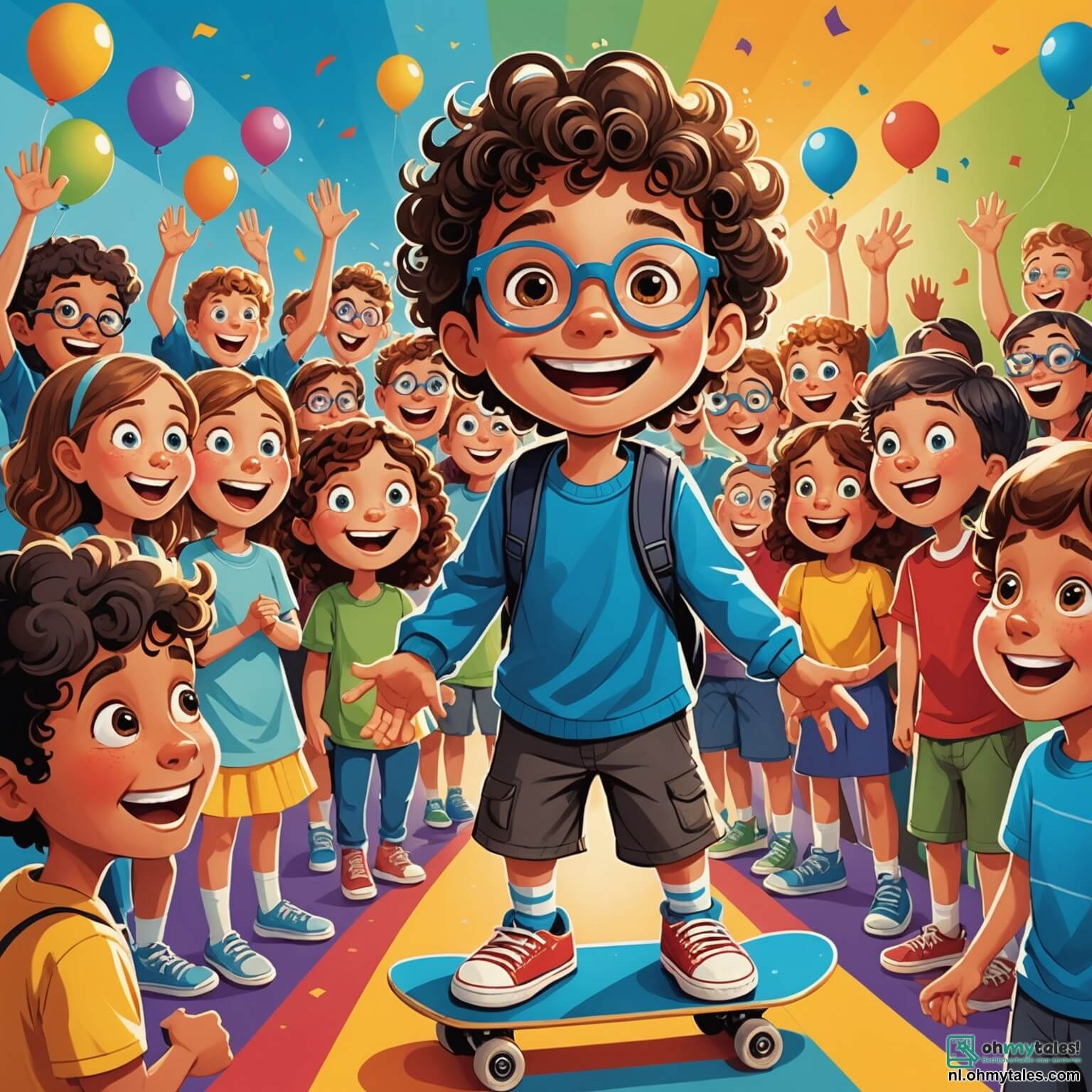 Une illustration destinée aux enfants représentant un garçon au sourire éclatant et aux yeux pétillants d'excitation, se tenant sur une scène colorée d'une école vibrante, entouré de camarades de classe, dont une fille aux cheveux bouclés dans une jolie robe bleue et un garçon aux lunettes, tous applaudissant avec enthousiasme alors qu'il surmonte sa peur pour réaliser une impressionnante figure sur son skateboard, tandis que les murs de la salle sont ornés de dessins d'animaux joyeux et de ballons colorés, créant une atmosphère chaleureuse et encourageante où la confiance en soi prend vie.