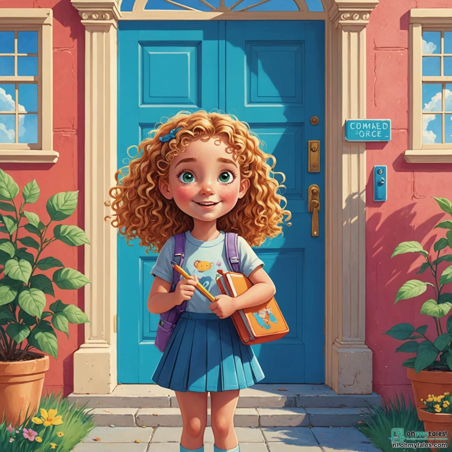 Une illustration destinée aux enfants représentant une petite fille aux cheveux bouclés et dorés, avec des yeux pétillants de curiosité, debout sur le seuil d'une école colorée aux murs peints en bleu ciel et ornés de dessins d'animaux joyeux, tenant une grande trousse remplie de crayons multicolores, tandis qu'elle observe avec un mélange d'excitation et de nervosité ses camarades, dont une amie aux cheveux tressés et à la voix douce, qui l'encourage à entrer dans cette nouvelle aventure scolaire où elles découvriront ensemble les joies de l'apprentissage et les défis de la rentrée des classes.