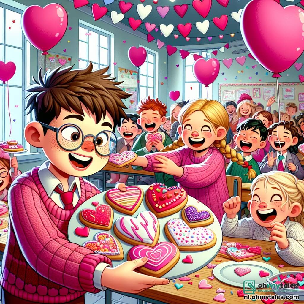 Illustratie van een levendige scène in een kleurrijk klaslokaal, versierd met hartvormige ballonnen en roze en rode slingers voor Valentijnsdag. Op de voorgrond staat een jongen van ongeveer 10 jaar met rommelig bruin haar en een bril, die vrolijk glimlacht terwijl hij een groot bord met hartvormige koekjes, versierd met kleurrijke glazuur, vasthoudt. Naast hem staat een meisje van ongeveer 9 jaar met gevlochten blond haar en een roze trui, die haar hand uitsteekt om een koekje te pakken, met glinsterende ogen van opwinding. Op de achtergrond lachen andere kinderen, jongens en meisjes, en dringen ze zich rond de tafel, sommigen met Valentijnskaarten. De sfeer is vrolijk en feestelijk, gevuld met gelach en kameraadschap, en illustreert delen en vriendschap op deze speciale dag.