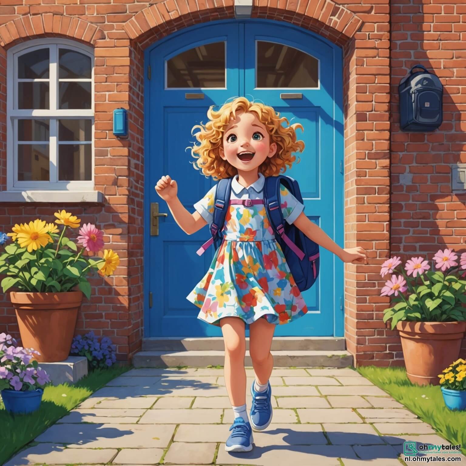 Une illustration destinée aux enfants représentant une petite fille aux cheveux bouclés et dorés, rayonnante d'excitation avec sa nouvelle robe à fleurs et son sac à dos rempli de fournitures colorées, se tenant devant une école aux murs en briques rouges ornés de fenêtres aux volets bleus, où des rires d'enfants résonnent dans la cour ensoleillée, tandis qu'elle se prépare à vivre sa première journée de rentrée des classes, entourée de ses amis, une fille aux nattes et un garçon aux lunettes, tous impatients de découvrir leur nouvelle maîtresse et de plonger dans un monde d'apprentissage et d'aventures.