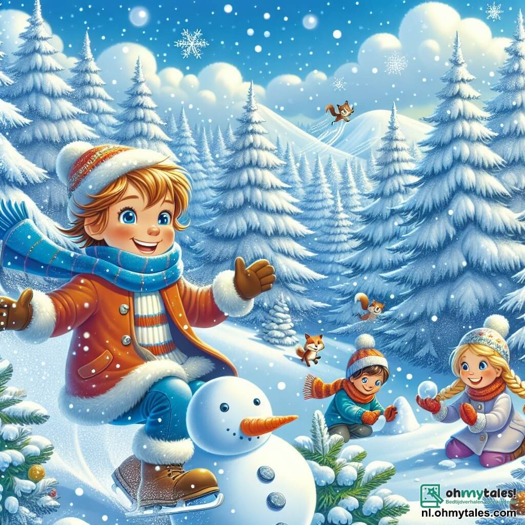 Illustratie van een magische winterse scène in een besneeuw forest. De majestueuze bomen, bedekt met een dikke laag sprankelende sneeuw, reiken naar een heldere blauwe lucht met enkele wollige wolken. In het midden van de afbeelding speelt een 11-jarig jongen met kastanjebruin haar en sprankelende ogen, gekleed in een felrode jas, een blauwe sjaal en een grote paar handschoenen, terwijl hij met een grote glimlach van een kleine besneeuwde helling glijdt. Dichtbij bouwt een 7-jarig meisje met gevlochten blond haar en roze wangen een sneeuwpop, waarbij ze een wortel als neus en stenen als ogen gebruikt. De scène straalt een vrolijke en energieke sfeer uit, met sneeuwvlokken die zachtjes om hen heen vallen, en een klein groepje nieuwsgierige eekhoorns dat hen vanaf een tak observeert.