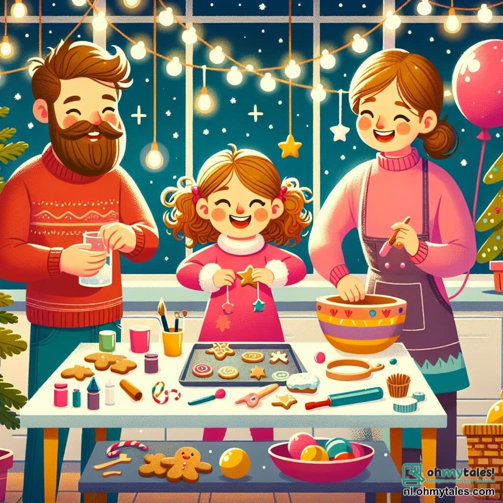 Une illustration sous forme de dessin destinée aux enfants représentant une cuisine chaleureuse et colorée, avec des guirlandes scintillantes accrochées au plafond, où une fille de 3 ans aux cheveux bouclés et aux yeux pétillants, vêtue d'une robe rose, s'amuse à décorer des biscuits de Noël avec sa maman, une femme souriante aux cheveux longs et bruns, tandis que le père, un homme jovial avec une barbe, prépare une grande ballon coloré pour le Nouvel An, tous ensemble impatients de faire un vœu en laissant s'envoler la ballon dans la nuit étoilée.