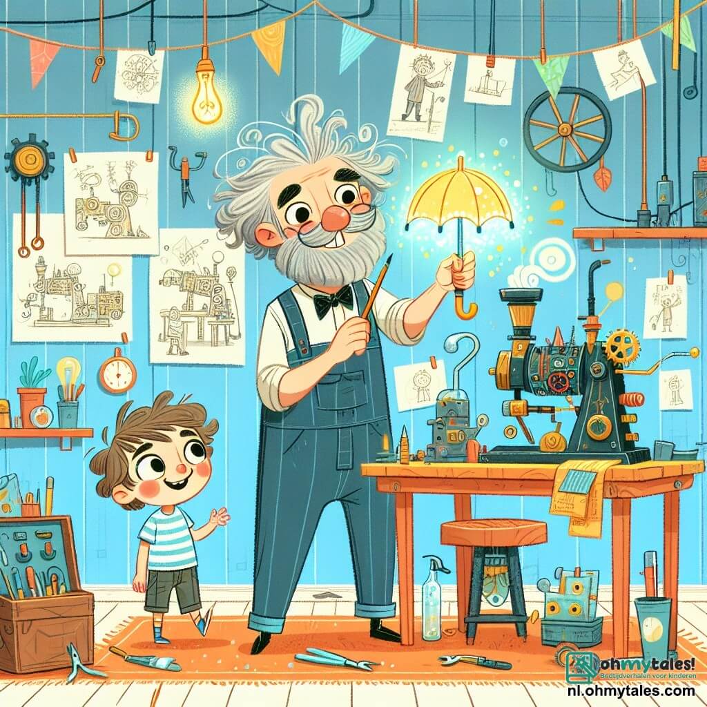 Une illustration sous forme de dessin destinée aux enfants représentant une charmante et colorée atelier d'inventeur, avec des murs couverts de croquis et des outils éparpillés, où un homme aux cheveux ébouriffés et à la barbe grise, vêtu d'une salopette bleue, est en train de travailler avec enthousiasme sur une parapluie magique qui danse, tandis qu'un garçon aux yeux brillants et aux cheveux châtains, vêtu d'un t-shirt rayé, observe avec émerveillement, entourés de machines étranges et de prototypes colorés, créant une atmosphère de curiosité et d'inventivité.