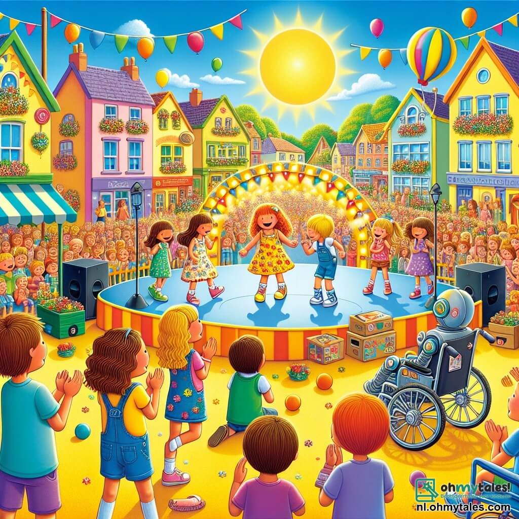 Illustratie van een levendige scène in een zonnig stadje, met kleurrijke huizen met pastelgevels en stralende bloemen in de tuinen. In het midden staat een groot wedstrijdpodium, omringd door nieuwsgierige en enthousiaste toeschouwers. In deze scène staan vier jonge meisjes, ongeveer 10 jaar oud, samen. De eerste, een meisje met krullend bruin haar, draagt een gele jurk met bloemenpatronen en glimlacht opgewonden. Naast haar staat een ander meisje met blond, steil haar, gekleed in een blauwe t-shirt en korte broek, met een grote bal in haar handen. Het derde meisje heeft rood haar en draagt een spijkeroverall, ze kijkt met fonkelende ogen naar het podium. Ten slotte is er het vierde meisje, dat in een rolstoel zit, met kastanjebruin haar en een paarse t-shirt, die blij applaudisseert. Op de voorgrond danst een robot, gemaakt van karton en gerecycleerde materialen, en voert een komische dans uit, wat het publiek aan het lachen maakt. Gelach en applaus klinken, wat een feestelijke en blije sfeer creëert. Kleurrijke ballonnen zweven in de blauwe lucht, wat de feestelijke atmosfeer versterkt.