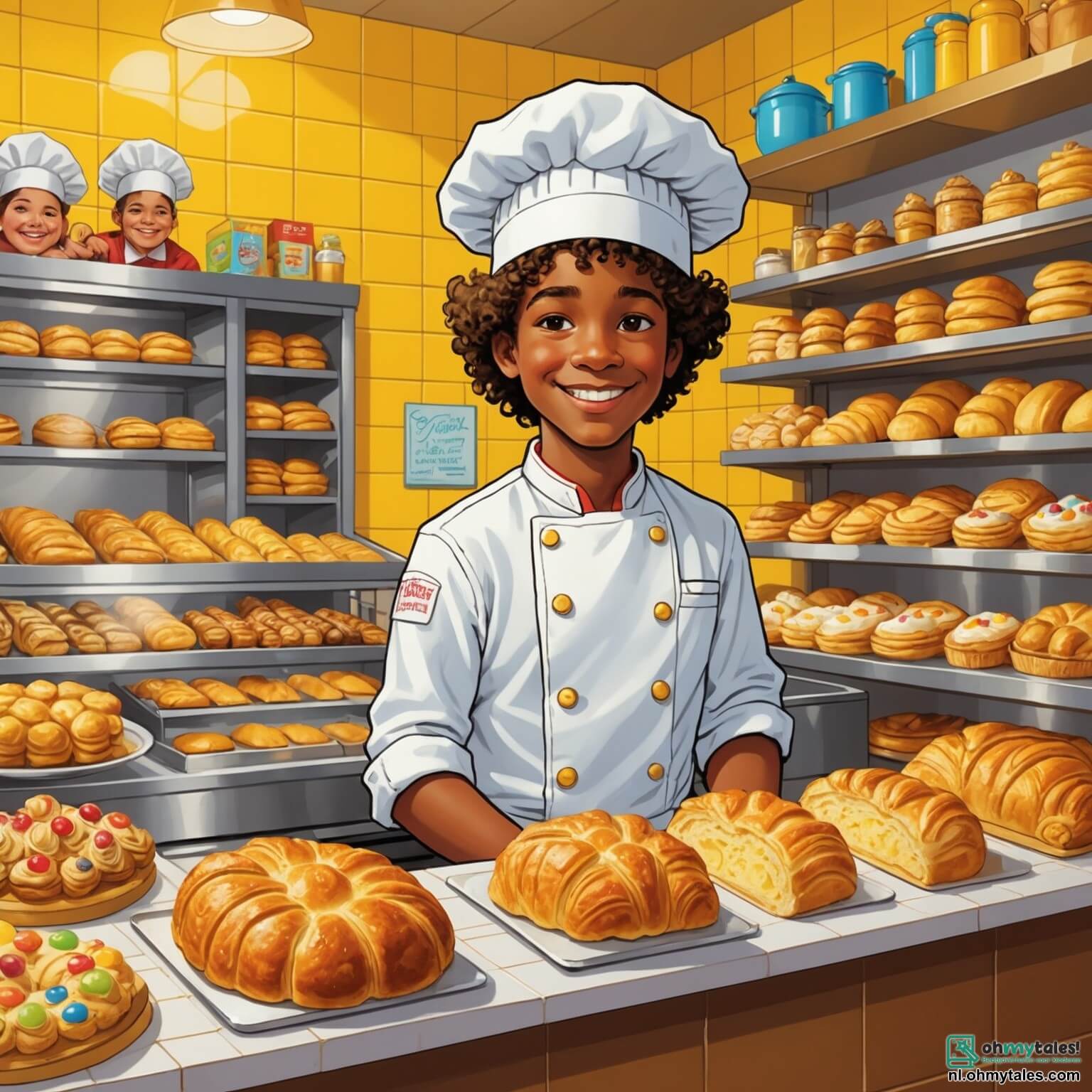 Une illustration destinée aux enfants représentant un homme au sourire chaleureux, avec une toque blanche légèrement inclinée sur sa tête, se tenant fièrement derrière le comptoir de sa boulangerie colorée, où les murs sont ornés de tuiles jaunes éclatantes et les étagères débordent de pains dorés, de croissants croustillants et de gâteaux décorés, tandis que deux enfants, une fille aux cheveux bouclés et un garçon aux yeux pétillants, s'émerveillent devant les délices sucrés, impatients d'apprendre les secrets de la magie de la pâtisserie dans ce lieu empli de senteurs envoûtantes de pain chaud et de vanille.