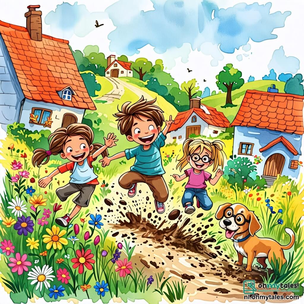 Une illustration sous forme de dessin destinée aux enfants représentant un village coloré avec des maisons aux toits en pente et des fleurs éclatantes, où un garçon de 10 ans avec des cheveux bruns en bataille et un sourire espiègle exécute une danse comique en sautant dans la boue, tandis que deux amis, une fille aux cheveux blonds tressés et un garçon aux lunettes rondes, l'encouragent en riant, alors qu'ils participent à une course folle vers le sommet d'une colline, entourés d'enfants curieux qui applaudissent et d'un chien joyeux qui les suit.