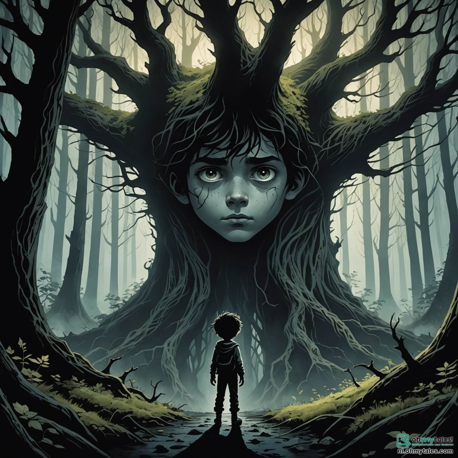 Une illustration destinée aux enfants représentant un garçon aux yeux pétillants de curiosité, dont les cheveux ébouriffés flottent comme des ombres dans la nuit, se tenant au bord d'une forêt lugubre où les arbres tordus s'élèvent comme des géants menaçants, leurs branches s'entrelacent pour former un plafond obscur, tandis qu'un épais brouillard s'accroche aux racines comme un manteau de mystère, alors qu'il s'apprête à pénétrer dans ce royaume effrayant où des murmures sinistres semblent émaner des buissons, et où une silhouette spectrale, une fille aux longs cheveux noirs et à la robe blanche flottante, se tient à l'écart, observant le garçon avec des yeux brillants comme des étoiles perdues, l'invitant à découvrir les secrets cachés de ce lieu hanté par des légendes oubliées.