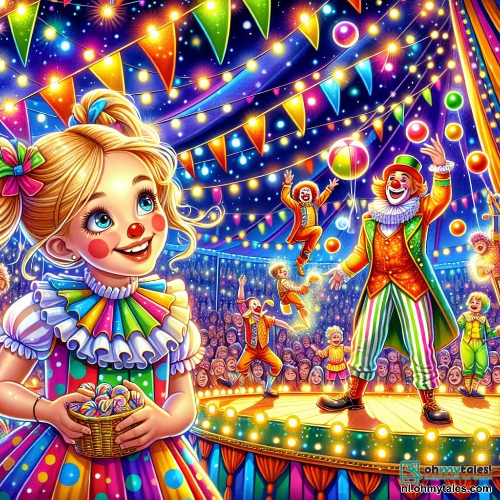 Illustratie die een levendige en kleurrijke scène binnenin een grote circustent weergeeft, versierd met kleurrijke vlaggen die in de wind wapperen. De fonkelende lichten verlichten de scène en creëren een magische en feestelijke sfeer. In het midden staat een 11-jarig meisje met grote nieuwsgierige ogen en blond haar in een hoge paardenstaart, gekleed in een kleurrijke stippenjurk. Ze glimlacht enthousiast terwijl ze een klein mandje met lekkernijen vasthoudt en naar de artiesten kijkt. Naast haar jongleert een vrolijke clown van ongeveer 30 jaar, met een wit geschilderd gezicht, een rode neus en een rommelig kapsel, met gekleurde ballen, wat bij de kinderen lachbuien oproept. Een acrobaat, een jonge man van ongeveer 20 jaar in een glinsterende showoutfit, springt de lucht in, klaar om een salto te maken. De hoofdscène toont het verwonderde meisje, omringd door de magie van het circus, met gelach en applaus terwijl de artiesten zich voorbereiden op een spectaculair nummer. Extra grafische elementen zijn circusdieren, zoals een olifant op de achtergrond, schitterende sterren en confetti die door de lucht zweven, wat bijdraagt aan de feestelijke en blije sfeer van dit onvergetelijke moment.