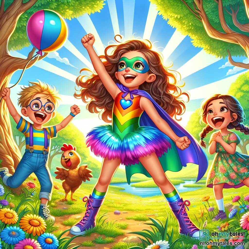 Illustratie van een zonnige scène in een groene park, vol kleurrijke bloemen en majestueuze bomen. In het midden staat een meisje van ongeveer 8 jaar in een felgekleurde superheldenoutfit met een regenboogcape en een grote pluizige staart. Ze heeft krullend bruin haar dat in de wind waait en een grote glimlach op haar gezicht terwijl ze een heroïsche pose aanneemt met een gebalde vuist in de lucht. Naast haar staan twee vrienden: een 9-jarig jongen met messy blond haar in een gestreept t-shirt en korte broek, die lacht terwijl hij een stok als zwaard vasthoudt. De andere vriend is een 8-jarig meisje met vlechten en een bloemenjurk, die vrolijk applaudisseert met sprankelende ogen van opwinding. De hoofdactie toont het meisje dat een leuke schattenjacht leidt, omringd door haar vrienden die zich vermaken met het volgen van gekke aanwijzingen, zoals dansen als kippen. Extra grafische elementen zijn kleurrijke ballonnen die in de lucht zweven, een blije hond die om hen heen rent, en een grote glinsterende schatkist op de achtergrond, vol kostuums en snoep.