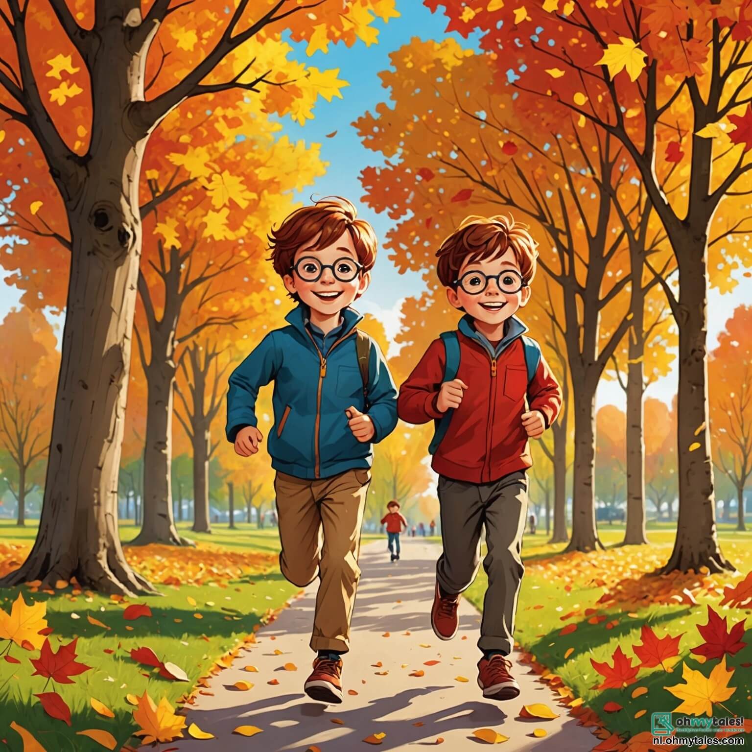 Une illustration destinée aux enfants représentant un garçon aux cheveux châtains, joyeux et curieux, courant à travers un parc aux couleurs flamboyantes de l'automne, où les feuilles dorées et rouges tombent doucement des arbres majestueux, tandis qu'il est accompagné de son meilleur ami, un garçon aux lunettes rondes et au sourire malicieux, tous deux émerveillés par les trésors de la nature, comme les châtaignes brillantes et les pommiers chargés de fruits, sous un ciel bleu azur parsemé de nuages cotonneux, créant une atmosphère magique et chaleureuse, où l'amitié et l'aventure se mêlent à la beauté éphémère de cette saison enchantée.