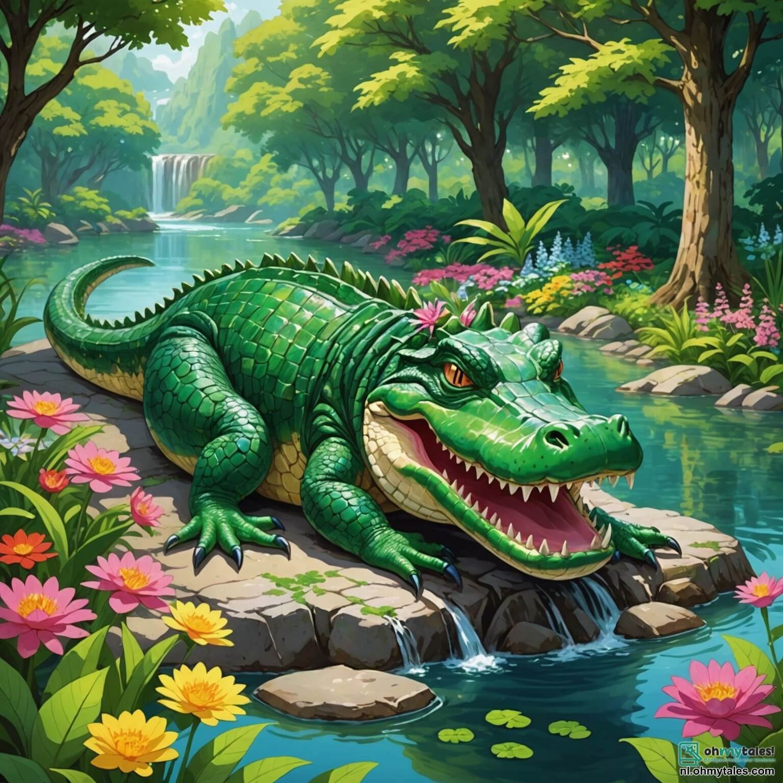 Une illustration destinée aux enfants représentant une grande et majestueuse crocodile aux écailles vert émeraude scintillantes, allongée paresseusement sur une pierre chaude au bord d'une rivière étincelante, entourée de fleurs colorées et de grands arbres aux feuilles luxuriantes, qui, malgré son apparence impressionnante, ressent une profonde solitude dans ce monde vibrant où les autres animaux, comme une petite grenouille espiègle et un groupe d'oiseaux joyeux, s'amusent ensemble, tandis qu'elle rêve de se faire des amis et de partager des moments de bonheur au cœur de cette nature enchanteresse.