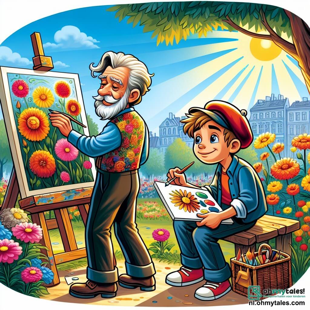 Une illustration sous forme de dessin destinée aux enfants représentant un parc ensoleillé rempli de fleurs colorées, avec un homme âgé aux cheveux gris et à la barbe soignée, vêtu d'une chemise colorée, penché sur une toile pour peindre des fleurs vibrantes, tandis qu'un jeune garçon aux cheveux bruns et portant une casquette rouge, assis sur un banc, observe avec émerveillement et tient un esquisse dans ses mains, capturant la magie de l'art et l'inspiration partagée entre les deux personnages.