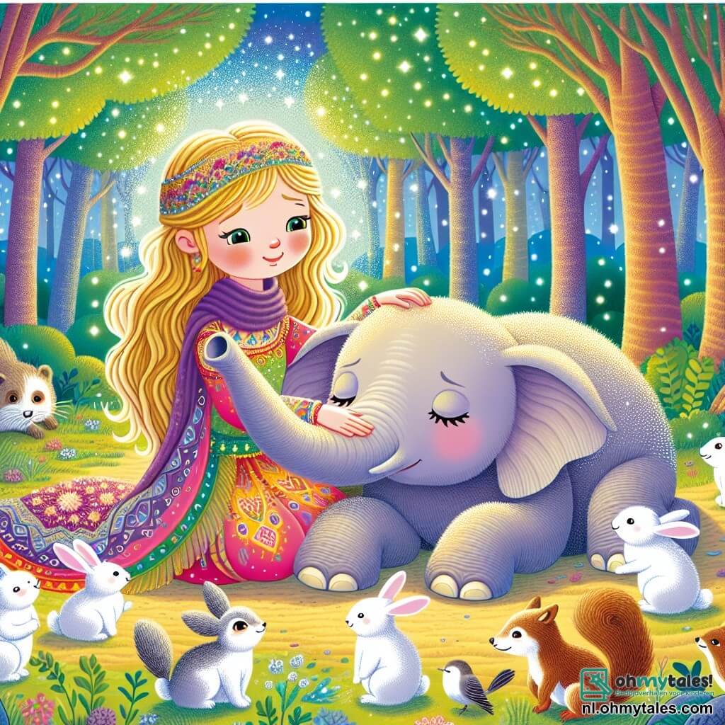 Une illustration sous forme de dessin destinée aux enfants représentant une clairière enchantée dans une forêt lumineuse, où une jeune femme aux cheveux longs et dorés, vêtue d'une robe colorée, s'agenouille avec un sourire chaleureux pour réconforter un grand éléphant gris aux yeux doux, tandis qu'un groupe de petits animaux curieux, comme un lapin blanc et un écureuil roux, les observe avec émerveillement, illustrant ainsi le moment magique où l'amitié et la compréhension surmontent la peur.