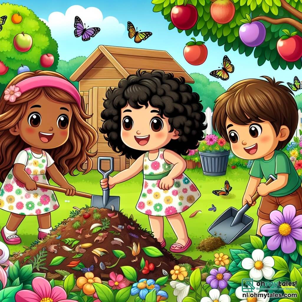 Une illustration sous forme de dessin destinée aux enfants représentant une charmante jardin verdoyant rempli de fleurs colorées et d'arbres fruitiers, où une fille de 7 ans aux cheveux bouclés et aux yeux pétillants, vêtue d'une robe à fleurs, s'active joyeusement à créer une composthoop avec ses deux amies : une fille aux cheveux longs et blonds qui tient une pelle et un garçon aux cheveux bruns qui ramasse des feuilles, tous trois souriants et entourés de papillons et d'oiseaux, illustrant l'importance de prendre soin de la nature et de travailler ensemble pour un environnement plus sain.